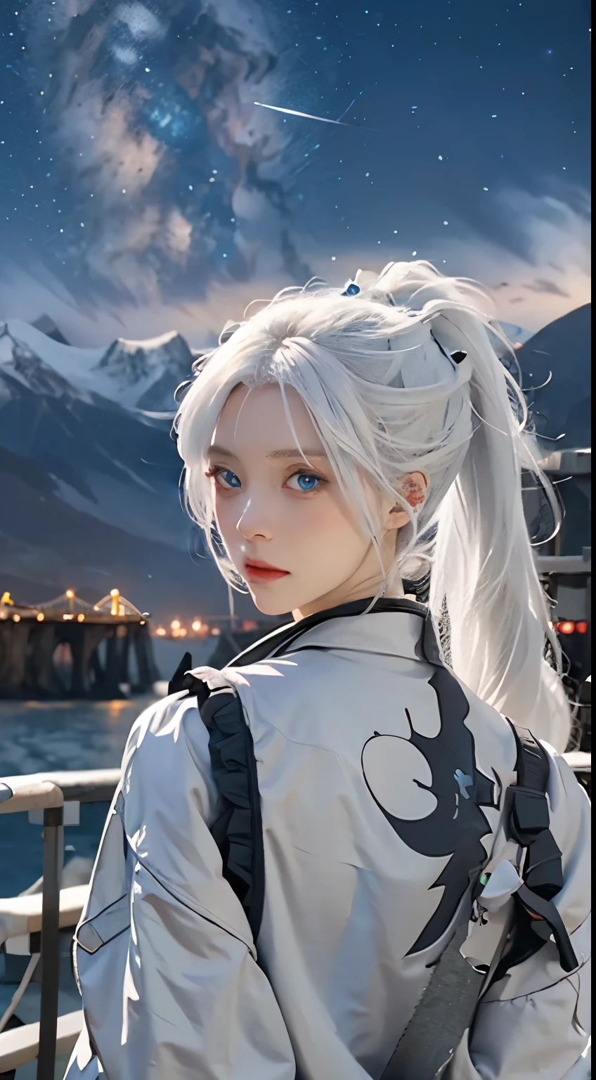 anime characters,Girl with white hair and blue eyes,starry sky,Beautiful and delicate eyes,look at the audience,Oceanside,night view,Two girls with ponytails,Ocean,mountains in the distance,Express