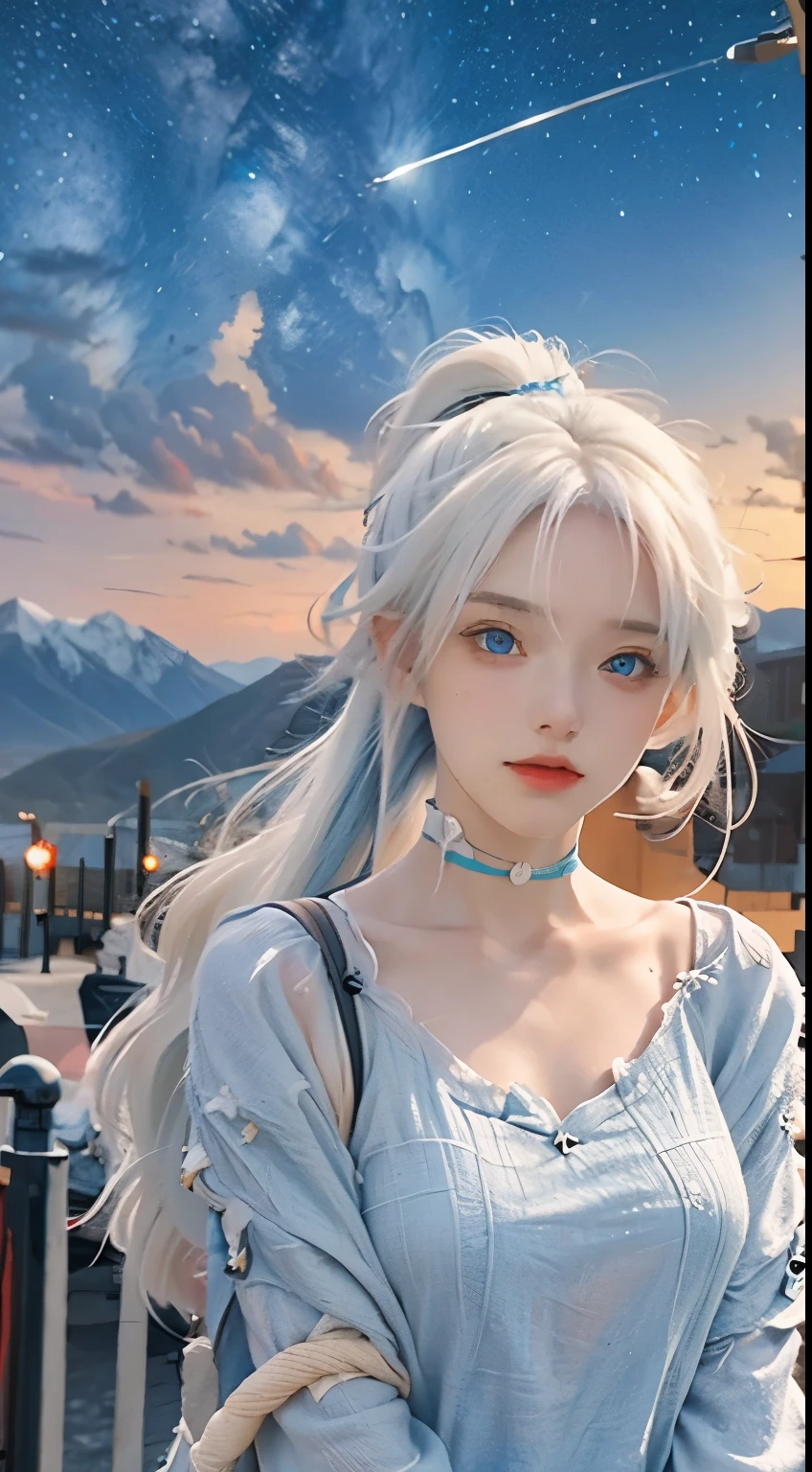 anime characters,Girl with white hair and blue eyes,starry sky,Beautiful and delicate eyes,look at the audience,Oceanside,night view,Two girls with ponytails,Ocean,mountains in the distance,Express