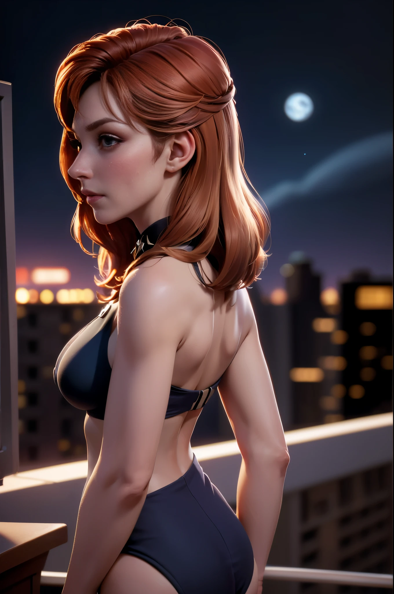 photo of Gates McFadden, RAW, beautiful woman, ((portrait, torso, upper body)), ((detailed face:1.2)), ((detailed facial feature, detailed skin, clear skin), (perfect proportioned body, medium breasts), (wearing a revealing starfleet bikini: 1.5) (high detailed city environment, stary night sky, apartment balcony, her back to us, backview, Turn Back, Back shot: 1.35), (realistic photo, best quality, detailed), (8k wallpaper), (cinematic lighting, dramatic lighting) (sharp focus, intricate)