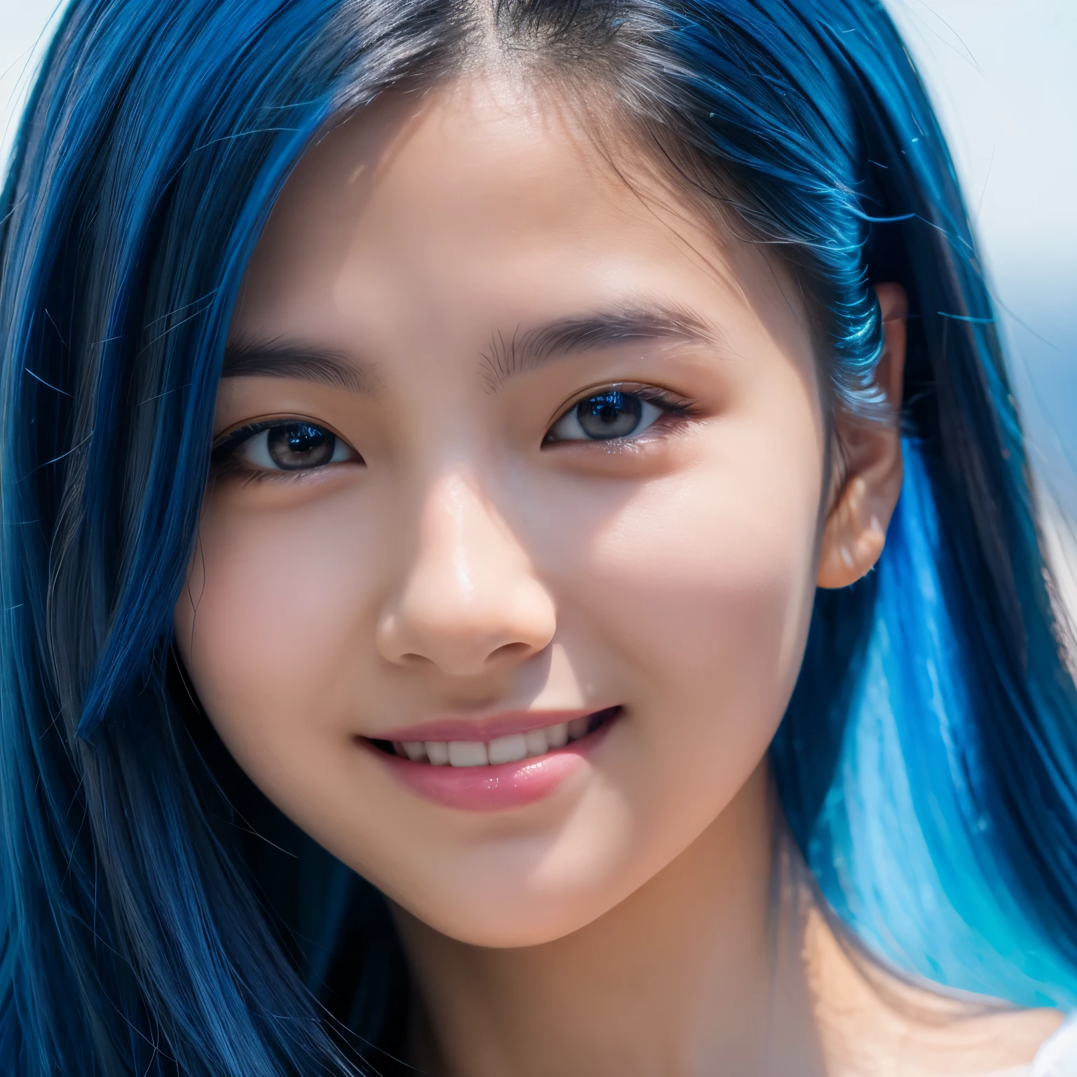 8k, highest quality, masterpiece, realistic, Super detailed, photo realistic, hyper realistic, smoother lighting, Improve the quality of cinematic lighting, realistic lighting, Backlight, bright light, Improvement of quality, highest quality real texture skin, 
close, thin, cute顔, smile, beautiful detail eyes, 18 years old Korean, cute, electric blue color drill hair, 