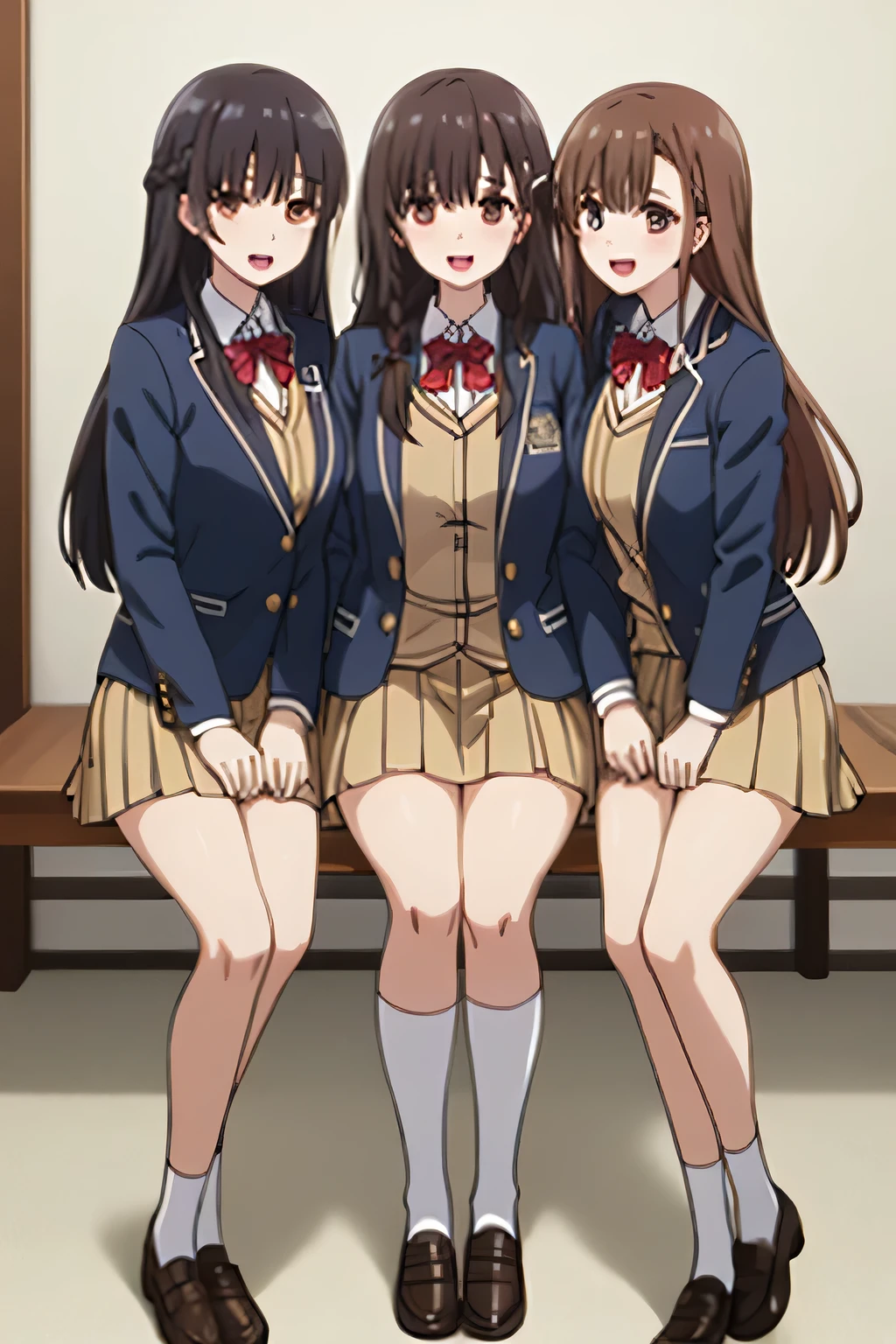 highest quality, (masterpiece:1.2), very detailed, transparent background, 3 girls, irido yume, looking at the viewer, open your mouth, nice smile, brown eyes, dark brown hair, long braids, big hair clip, school uniform, Slightly long skirt with navy blue plaid pattern, white shirt, blue jacket, Golden coat of arms, red tie, lipstick、very shiny hair、laughter、bright look、The eyes of the brown loafers are shining、curiosity、the light is shining on your face, There&#39;There&#39;s a lot of light in my eyes, The corners of the eyes are drooping