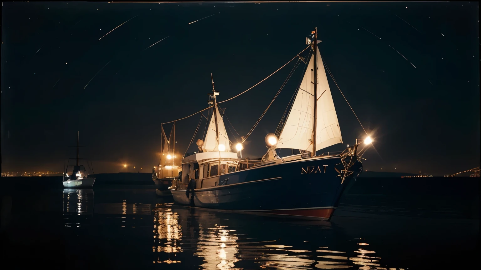 Glistening with a soft, ethereal glow, the fishing boats with onboard lights float upon the tranquil waters, casting a mesmerizing reflection below. Each vessel is adorned with vibrant, twinkling lights that dance across the rippling surface, creating a scene that is both serene and lively. This stunning painting captures the essence of a serene nighttime seascape, highlighting the beauty of the illuminated boats against the darkened horizon. The artist's meticulous attention to detail and use of color brings the image to life, evoking a sense of wonder and tranquility in the viewer.