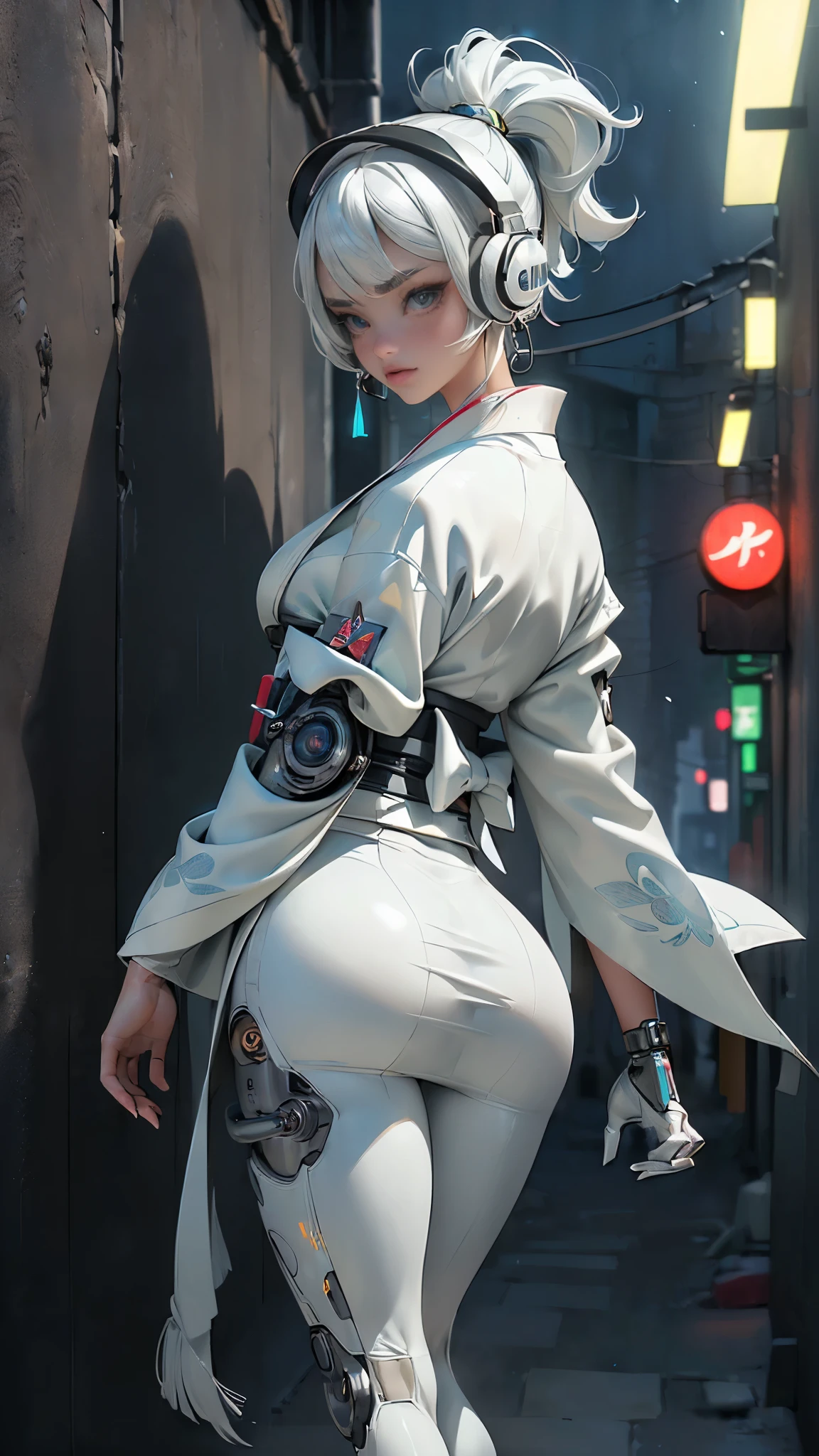 (La mejor calidad,A high resolution,Ultra - detallado,actual),Ariana Grande cyborg ciberpunk kimono 、nalgas grandes、arrodillarse、Electronic visor attached to the face of a 12-year-old girl with emphasis on the buttocks、Red latex body...,modo ciberpunk、pose sexy、(minifalda blanca pisoteando cyborg kimono :1.4), (Usar polainas amarillas en la parte inferior del cuerpo、Agrandamiento de los senos、Neon lights in the dark city at night...,motor irreal:1.4,hd,La mejor calidad:1.4, fotorrealista:1.4, textura de la piel:1.4, obra maestra:1.8,obra maestra, mejor calidad,(Beautiful and detailed description of the eye...),( neon blue cyborg),(perfect anatomy),(dedos detailed :1.4 ),white cyborg latex bodysuit,,( perfect anatomy 2.1), (estilo ciborg kawaii plateado metalizado :1.4), (background alley walls big stones :1.4), (Solo), (ciborg de batalla white kimono :1.6), (Year 2050), (Bluetooth headphones :1.4)