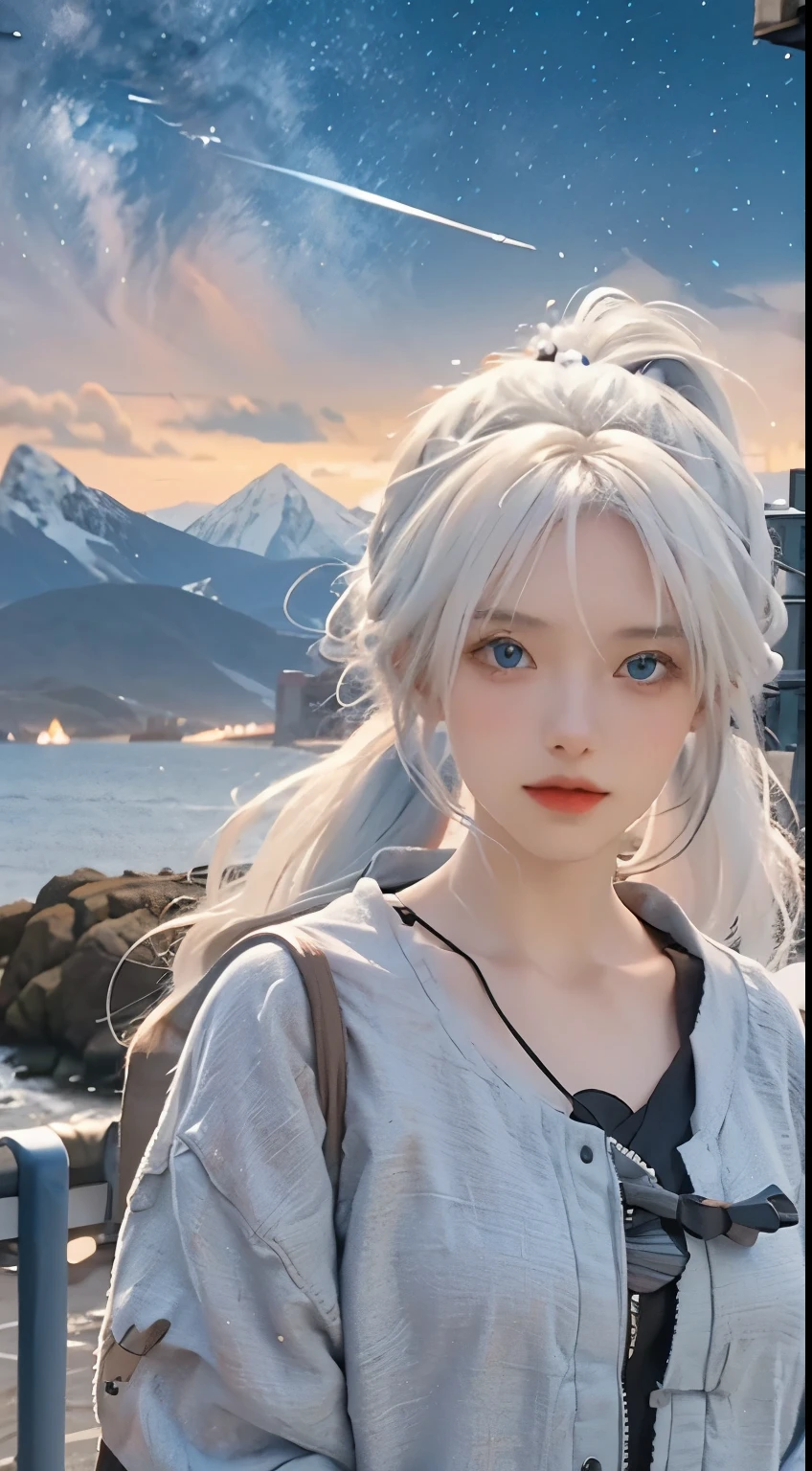 anime characters,Girl with white hair and blue eyes,starry sky,Beautiful and delicate eyes,look at the audience,Oceanside,night view,Two girls with ponytails,Ocean,mountains in the distance,Express