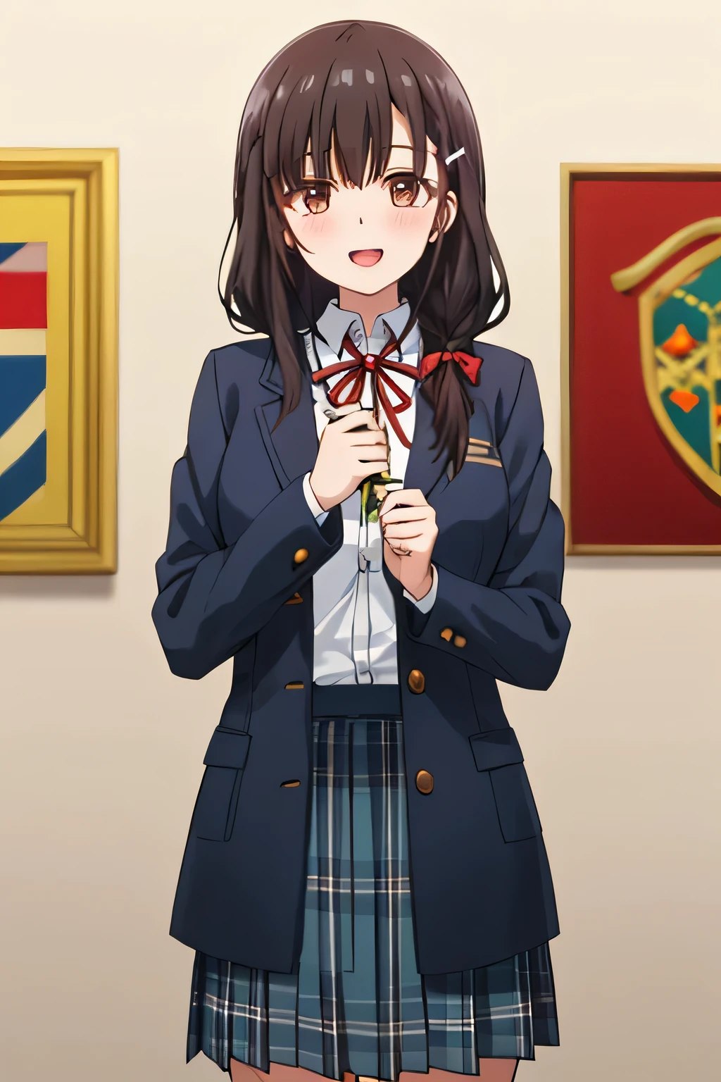 highest quality, (masterpiece:1.2), very detailed, pure white background, 1 girl, irido yume, looking at the viewer, open your mouth, nice smile, brown shiny eyes, black hair, Very long braid, big hair clip, school uniform, dark blue plaid skirt, middle long skirt, white shirt, blue jacket, Golden coat of arms, big red ribbon on the chest, lipstick、very shiny hair、laughter、bright look、eyes are shining、the light illuminates your face and hair, There&#39;There&#39;s a lot of light in my eyes, The corners of the eyes are drooping, Trying to embrace the viewer