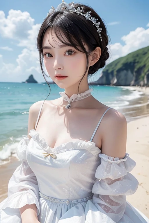 best qualtiy,Photo restoration,A photo of a cute and well-behaved girl,（with short black hair:1.5）,dignified,ellegance,delicated face,hair pin,Detailed porcelain doll,Delicate clothes with lots of frills and ribbons,Perfect body proportion,beachside,Close-up of face,looking at viewert,Shimmering,first person perspective,wide angles。