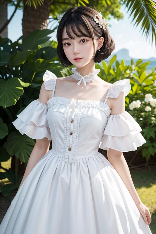 best qualtiy,Photo restoration,A photo of a cute and well-behaved girl,（with short black hair:1.5）,dignified,ellegance,delicated face,hair pin,Detailed porcelain doll,Delicate clothes with lots of frills and ribbons,Perfect body proportion,beachside,Close-up of face,looking at viewert,Shimmering,first person perspective,wide angles。