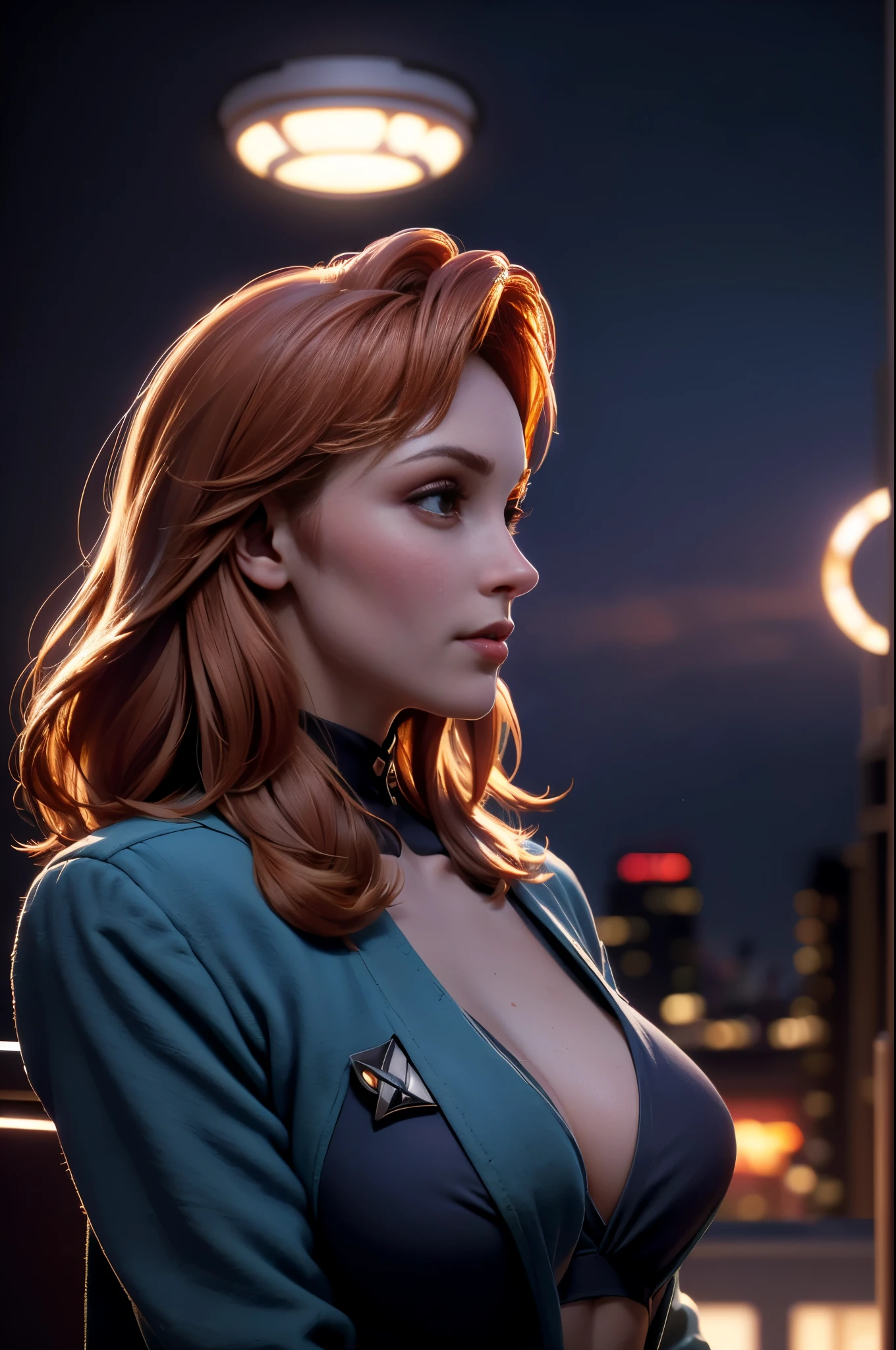photo of Gates McFadden, RAW, beautiful woman, ((portrait, torso, upper body)), ((detailed face:1.2)), ((detailed facial feature, detailed skin, clear skin), (perfect proportioned body, medium breasts, side boob), (wearing a revealing starfleet bikini: 1.5) (high detailed city environment, stary night sky, apartment balcony, her side to us, sideview, looking at viewer: 1.35), (realistic photo, best quality, detailed), (8k wallpaper), (cinematic lighting, dramatic lighting) (sharp focus, intricate)