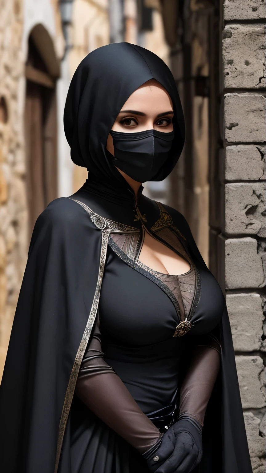 Mulher, cabelos pretos, escondida em um beco escuro, cidade medieval, the woman wears tight black clothing and a mask to hide her face