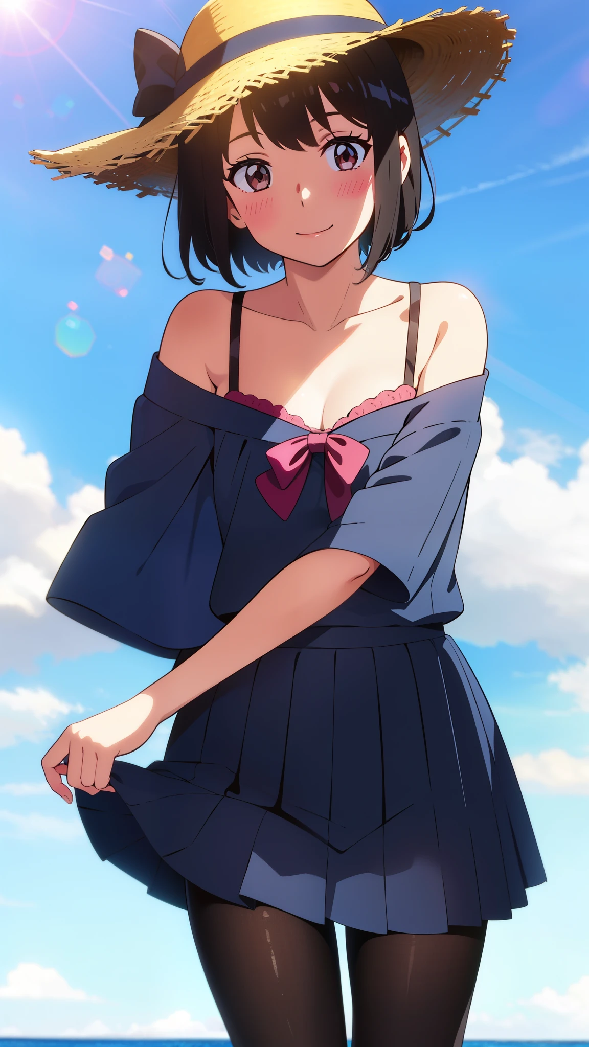 shinkai makoto, kimi no na wa., 1girl, bangs, black hair, blush, bright eyes, brown eyes, red bow, red ribbon, short hair, smile, cute, beautiful, shiny skin, looking at the viewer, solo, ​happy, blue shirt, collarbone, Off-the-shoulder, blue skirt, pantyhose, bra strap, breastsout, straw hat, summer beach, cloudy, blue sky, sunlight, lens_flare, bright