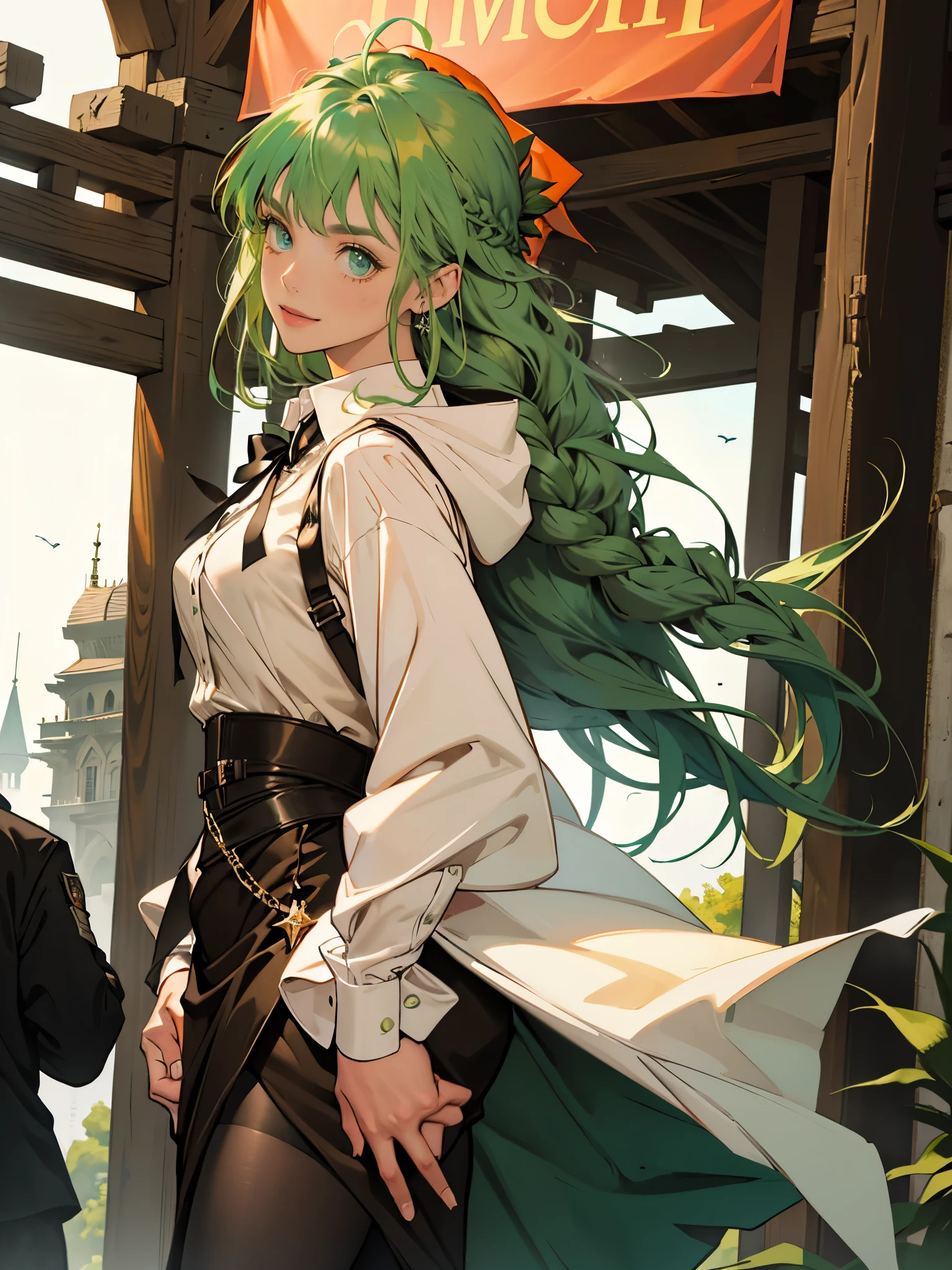 masterpiece, Super detailed, 8K portrait, RAW photo, portrait photography, highly detailed face, beautiful and detailed eyes, ((fantasy)), young and beautiful, smile, 22 years ago, dynamic pose, (((long straight deep green hair))), ((One side is braided with an orange colored ribbon)), dull bangs, beret, white skin color, luxury, hooded (((Dark brown))) (((Silk Long Cloak))) fluttering in the wind, (((dress shirt))), (((silk maxi skirt))), leather corset, (((dark thigh high tights))), High Cut Leather Boots, (((Lift a long magic wand))), ((Wear a pocket watch)), midday sun, surreal, body model, small breasts, beautiful breasts, long legs, Inside the city, environmental lighting, shadow details , focus the camera on the face, strong wind, light fog