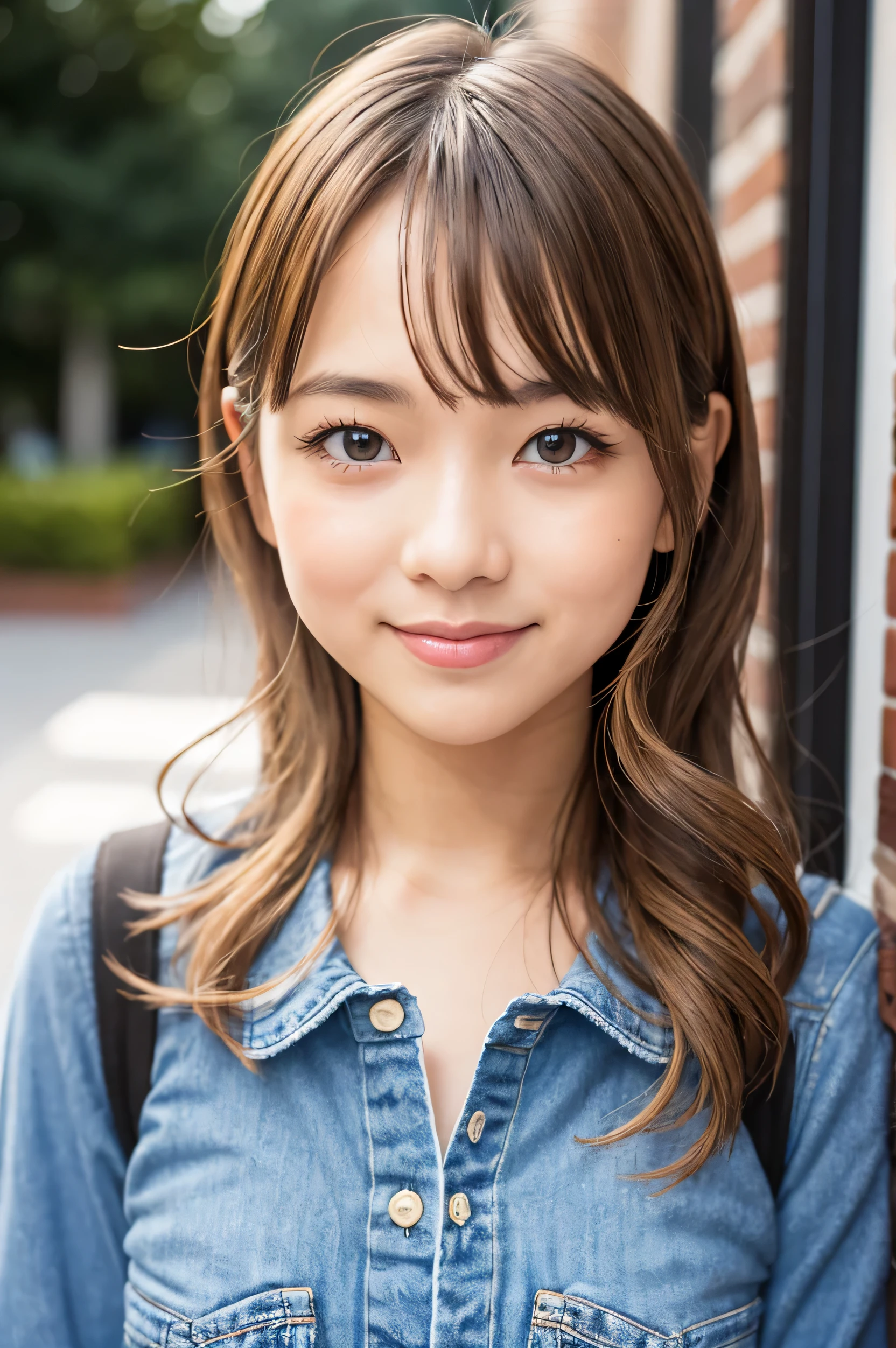 studio light, Depth of the bounds written, Upper body, thin, cute顔, smile, beautiful detail eyes, 19 years old Japanese, cute, Warm blonde voluminous curls, plaza, casual