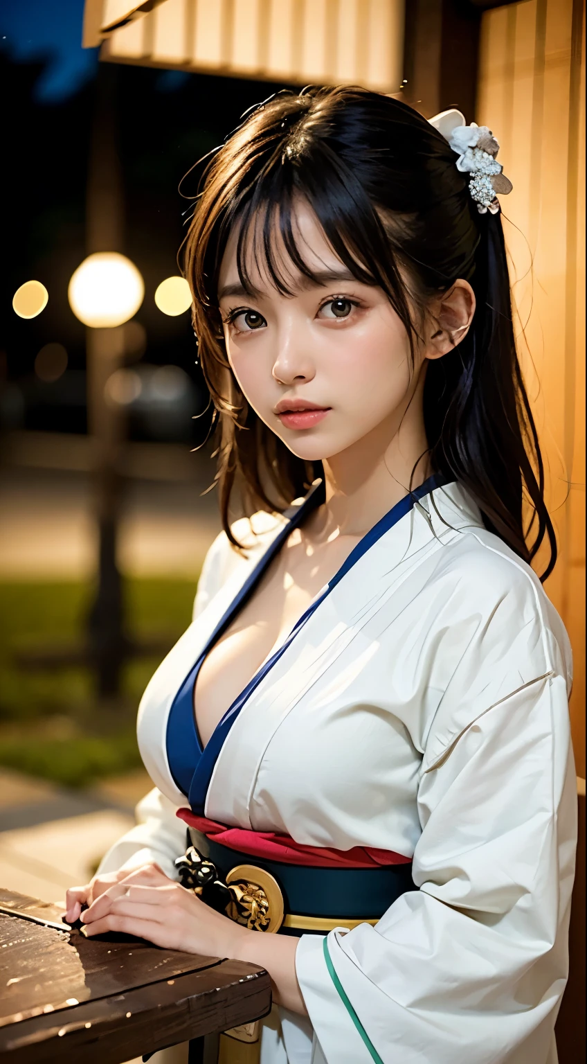 (table top, highest quality:1.4), beautiful face, 8k, 85mm, absurd, (white kimono、kimono、shrine maiden:1.4), Show the whole body, Angle from the side、show your shoulders,cleavage of the breast、towards the camera、 violaces, gardenia, delicate girl, alone, night, looking at the viewer, film grain, chromatic aberration, sharp focus, face light, professional lighting, Sophisticated, (smile:0.4), cleavage, (simple background, background bokeh:1.2), details face、huge breasts