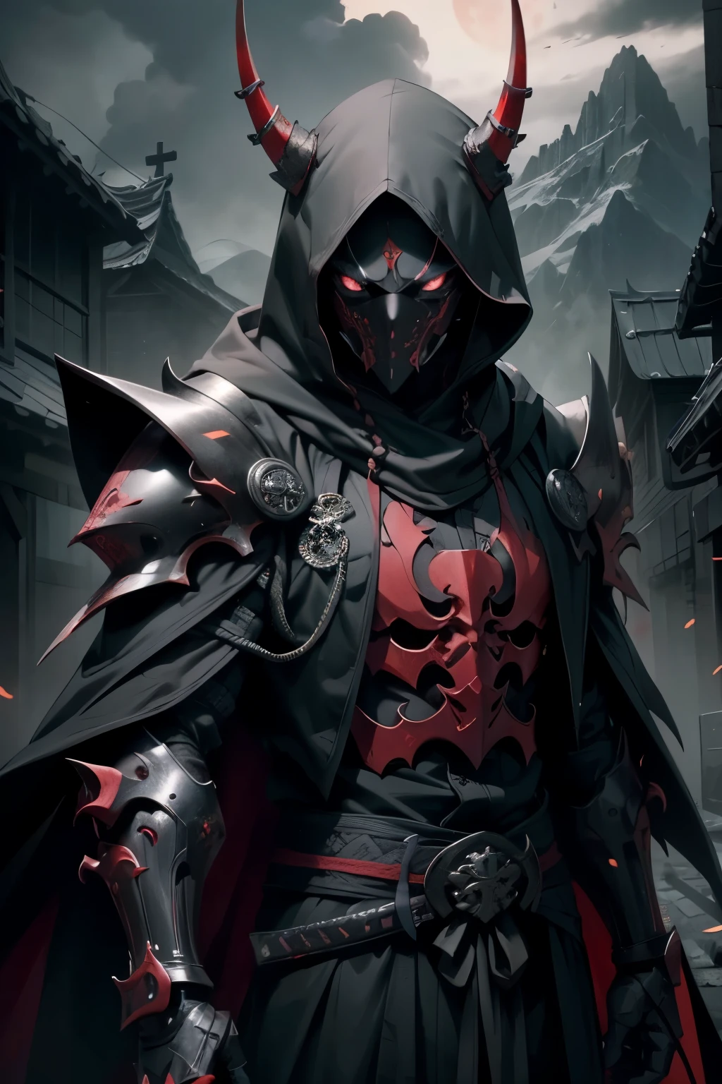 best quality,4k,highres,masterpiece:1.2, ultra-detailed, realistic:1.37, dark art, portraits, eerie atmosphere, mysterious lighting, terrifying presence, menacing armor, grim expression, sinister eyes, two twisted horns, sharp sword, ominous cloak, dark akatsuki clouds, haunting shadows, intense battle scene, dramatic composition, simple hannya oni mask, male assassin ninja, cyberpunk mask, fully hooded, no ears, chest and arms armor, upside down cross, ((very dark eyes)), fully covered face, no hair, standing over mountain, dark chest, blood red moon