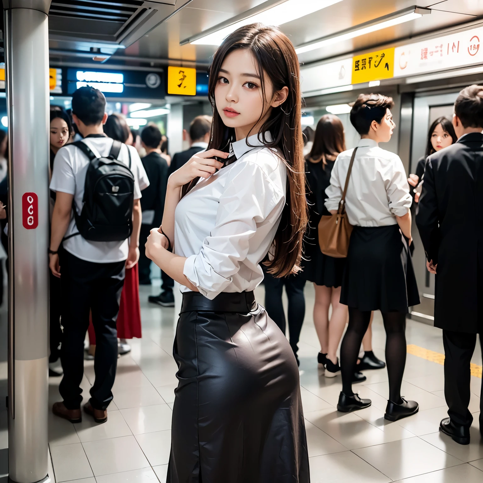(realistic、Like a photograph、live action、8k, Photoreal, RAW photo, best image quality: 1.4), Single-lens reflex camera、RAW photo, highest quality, realistic, Highly detailed CG Unity 8k wallpaper, Depth of written boundary, cinematic light, Lens flare, ray tracing, realistic background、(tight long skirt:1.4、white shirt:1.1、best hip shot:1.4)、((super dense skin))、 1 girl,cute japanese girl、((whole body:1.5)，touch my chest from behind:1.37、My butt is touched、looking back at the viewer:1.1、embarrassed look、random hairstyle:1.2、i like the style、pay attention to details、long hair、perfect costume、(white skin)、beautiful feet:1.1，Standing in the subway