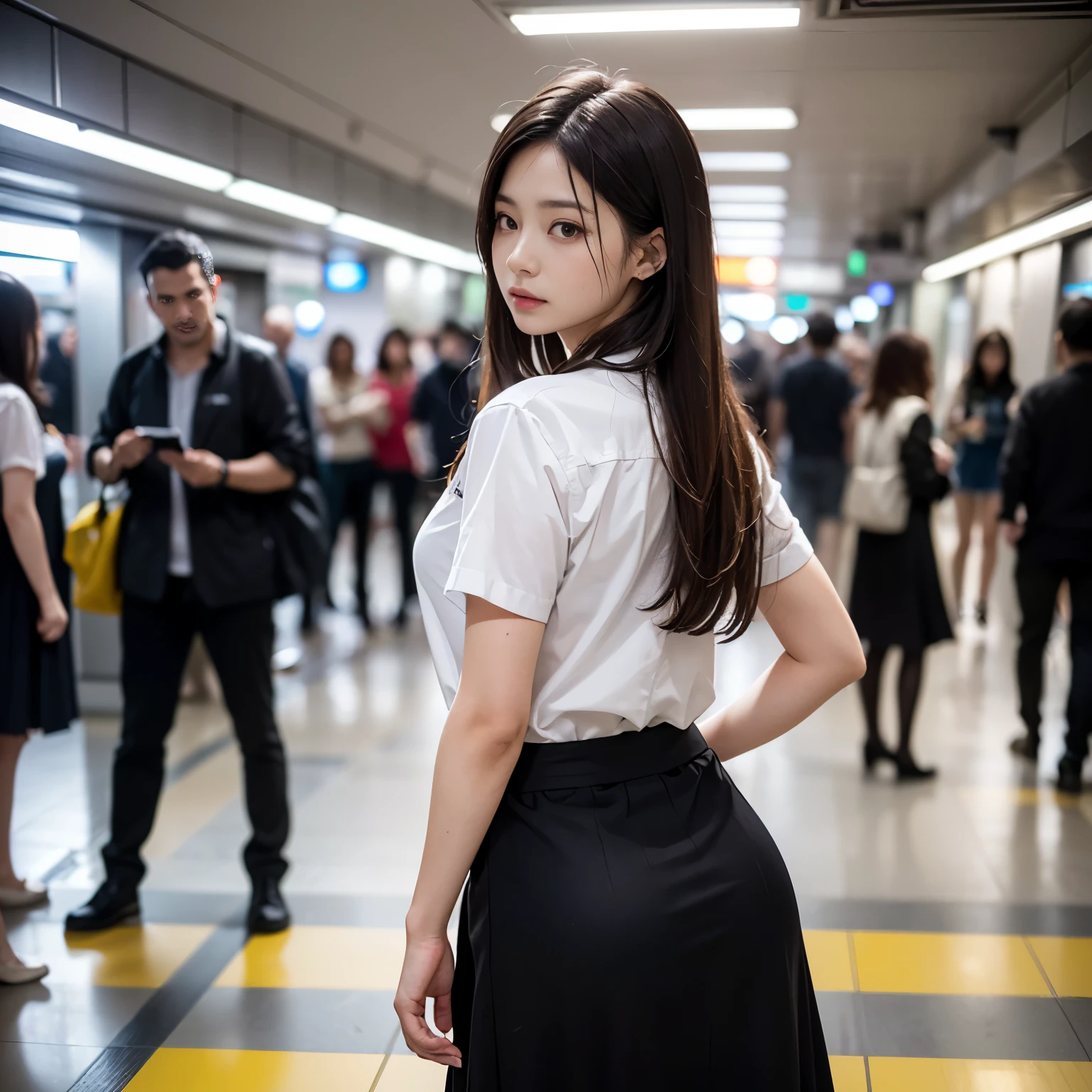 (realistic、Like a photograph、live action、8k, Photoreal, RAW photo, best image quality: 1.4), Single-lens reflex camera、RAW photo, highest quality, realistic, Highly detailed CG Unity 8k wallpaper, Depth of written boundary, cinematic light, Lens flare, ray tracing, realistic background、(tight long skirt:1.4、white shirt:1.1、best hip shot:1.4)、((super dense skin))、 1 girl,cute japanese girl、((whole body:1.5)，touch my chest from behind:1.37、My butt is touched、looking back at the viewer:1.1、embarrassed look、random hairstyle:1.2、i like the style、pay attention to details、long hair、perfect costume、(white skin)、beautiful feet:1.1，Standing in the subway