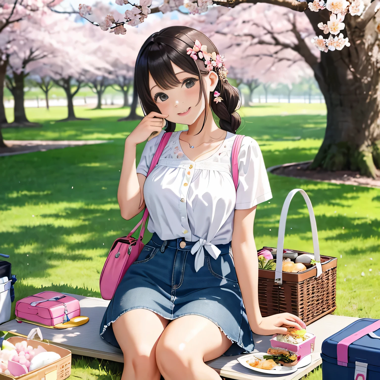highest quality、High resolution、detailed background、beautiful and detailed face、beautiful and smooth skin、skin texture、professional lighting、Beautiful age girl、(three women)、(huge breasts:1.1)、Cute Braid Hairstyles、smile、enjoy、
spring casual outfit、
Choose tops or dresses with floral or cherry blossom patterns to create a spring-like atmosphere..、
Pair it with a pastel-colored skirt or denim skirt to create a cute look.。、Pair it with pumps or flat shoes for a feminine look..、
Make it even cuter by using flower hairpins or ribbons as accessories..、
that is a typical spring event and is held in Japan to celebrate the blooming of cherry blossoms.、
Enjoy a picnic under the cherry blossom trees、Enjoy cherry blossom viewing in the park or along the river.、
We will provide a pad for you to sit on., Leisure sheets, blue sheets, etc..、
Cushions and folding chairs can also be used..、
Please bring your own food and drinks., alcohol, Bento, And sweets.、
If necessary, Don&#39;Don&#39;t forget to bring items to protect you from sunburn and insect bites., Sunscreen, insect repellent, etc..、
that is common to enjoy lunch boxes and drinks in a picnic mood.、
that&#39;It&#39;s also a good idea to prepare dishes that are perfect for cherry blossom viewing., Onigiri etc., sushi, And cherry blossom viewing bento.、
In addition to spending time under the cherry blossom trees、, You can also enjoy shopping and eating and drinking at nearby shops and food stalls..、
景色と舞う桜の花びらをenjoy, Play music and have fun with friends and family, Playing games, Chat with.