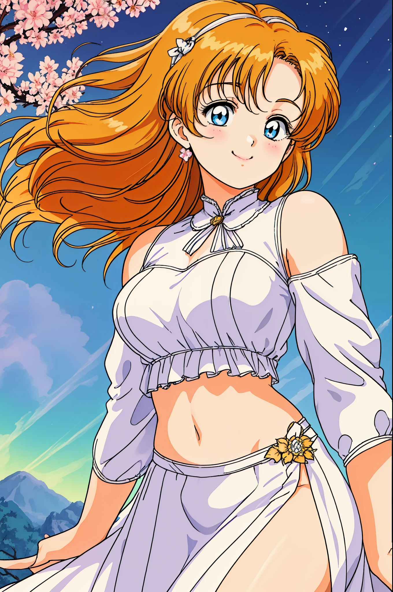 (best quality, realistic:1.2), kousaka honoka, long hair, stunning eyes, mesmerizing glowing eyes, long dress with sleeves, midriff, delicate blush, enchanting night scenery, blooming flowers under the moonlight, warm sunlight filtering through the branches and casting a gentle glow, smile,(curvy body), goddess, goddess wings,1980s \(style\)
