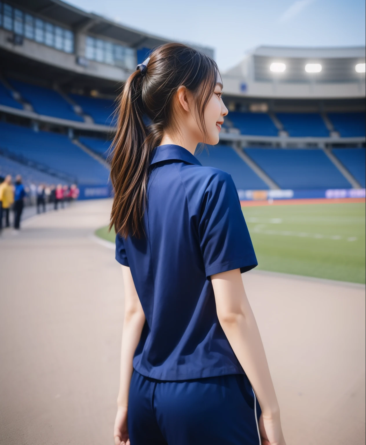 (best quality,10,10,height,Masterpiece:1.2),Special details,(realistic,ภาพrealistic,Realistic photos:1.37),1 cute girl on the football field,shiny, ผิวshiny,only,smile softly,BDclothelue shirt:1.3)),short sleeve,shirt, กางเกงขาlong.,(navy_long_track pants:1.1), ((stadium background:1.3)),Dynamic angle,excited,Face focus,dynamic poses,from behind,focus on ass,Masterpiece, best quality, ultra realistic, hyper-detail, 8K resolution, raw photos, Sharp focus, ((Navy blue shirt:1.1)), short sleeve, เส้นทางlong, perfect body, 2 mature women, 18 years old, Cinema-grade lighting system,blue sweatpants,shirtผ้าออกกำลังกาย,correct anatomy,perfect body, correct body, Sharp face, correct bodyทางกายวิภาค, full body, realistic gestures, long-haired, realistic poses,Wear long shorts................................,ช่วงขาlong,Good shape,carved girl, Slender figure, model, Good shape, beautiful body,blue sweatpants, two girls kissing