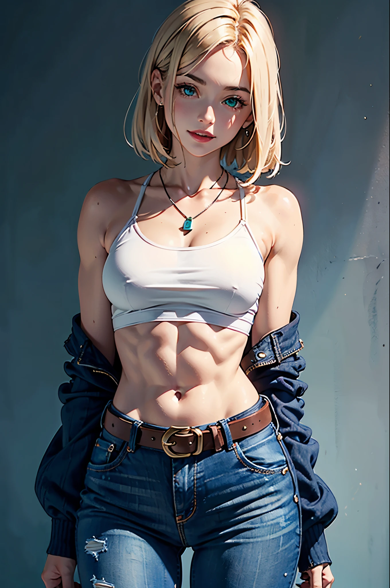 white-skinned woman, looking at the camera, lightly tanned body, muscular body, off-the-shoulder blue jean shirt, bare shoulders, muscular shoulders, medium breasts, round breasts, bare arms, muscular arms, muscular abs, narrow waist, flat and muscular abdomen, long brown hair, lightly dyed blonde hair, smiling face, blue-green eyes, pink lips, siro necklace, belt vintage brown leather, blue jeans, gray background