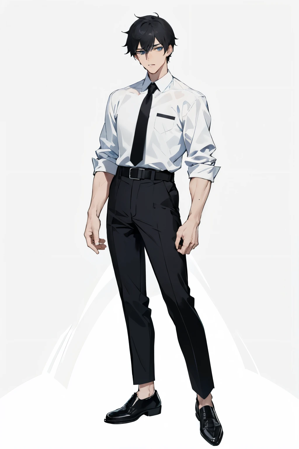 tall, athletic, handsome, blue eyes, black short hair, muscular, clear pale skin, attractive, white shirt, black pants, black shoes, black belt, and black watch.