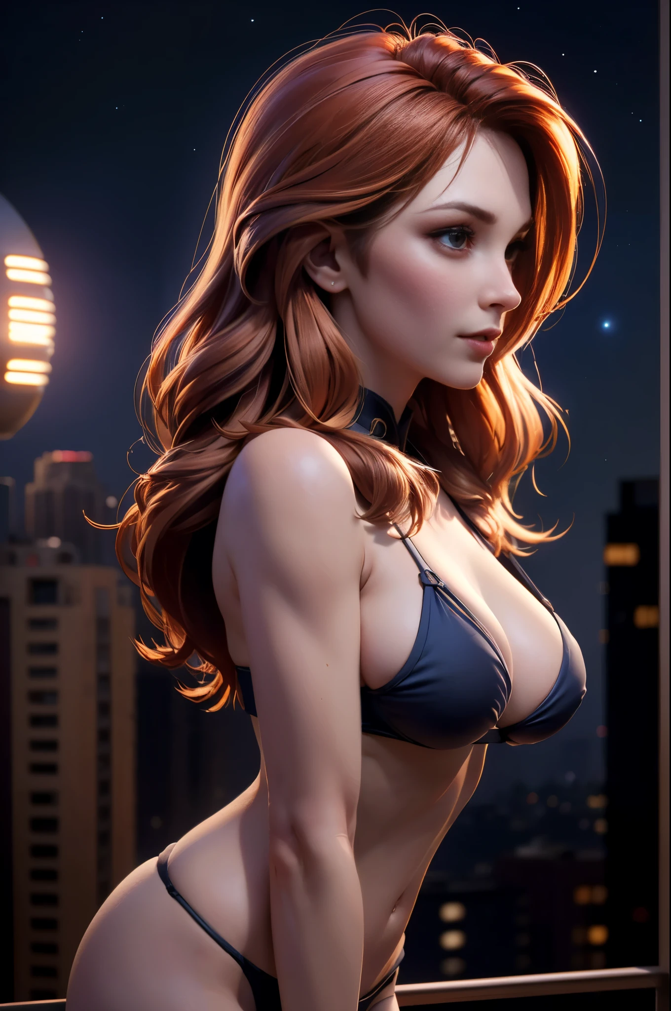 photo of Gates McFadden, RAW, beautiful woman, ((portrait, torso, upper body)), ((detailed face:1.2)), ((detailed facial feature, detailed skin, clear skin), (perfect proportioned body, medium breasts, side boob), (wearing a revealing bikini: 1.5) (high detailed city environment, stary night sky, apartment balcony, her side to us, sideview, looking at viewer: 1.35), (realistic photo, best quality, detailed), (8k wallpaper), (cinematic lighting, dramatic lighting) (sharp focus, intricate)