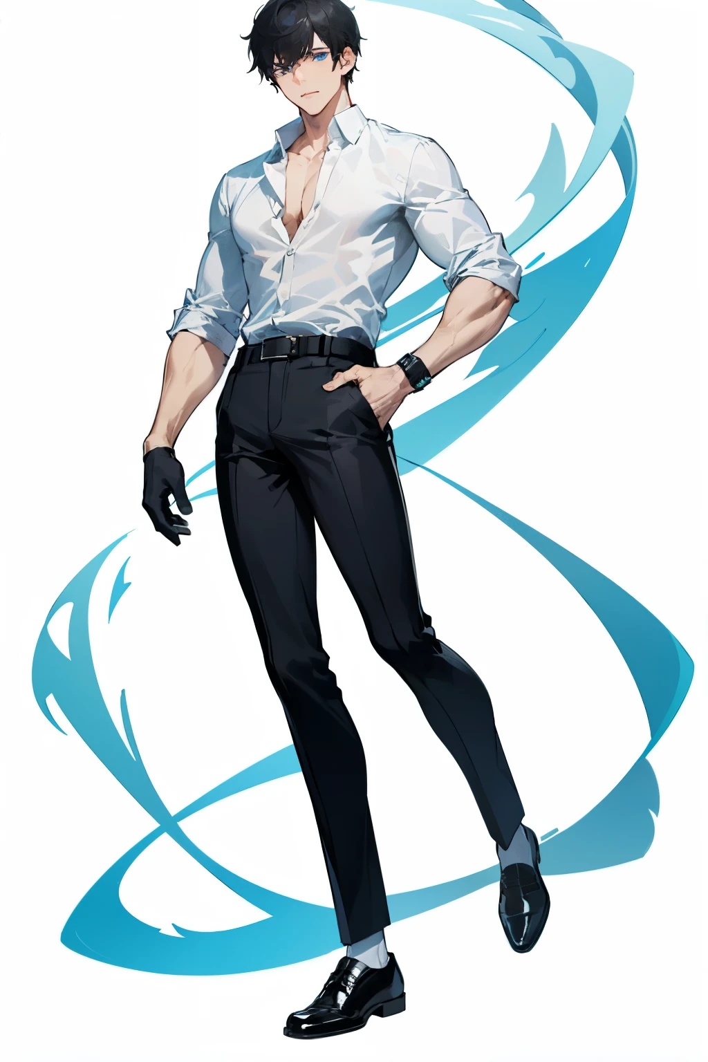 tall, athletic, handsome, blue eyes, black short hair, muscular, clear pale skin, attractive, white shirt, black pants, black shoes, black belt, and black watch.