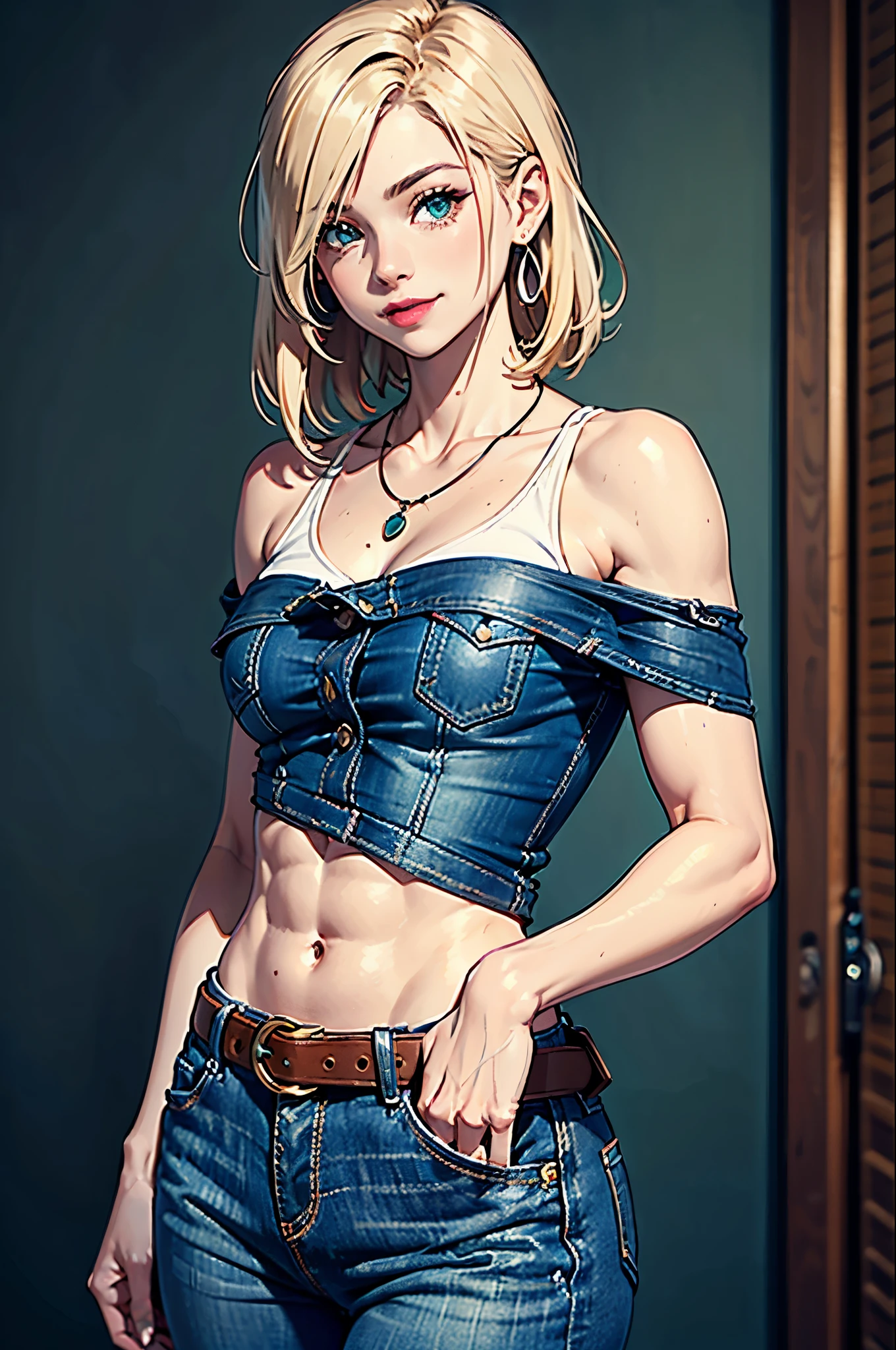 8K, Ultra HD, super details, high quality, high resolution. Android 18 looks beautiful in a full-length photo, her body is sculptural, her short blonde hair shines in perfect combination with her white skin, her bright blue eyes hypnotize everyone. She looks very sexy, drawing attention to her big breasts and thick legs.