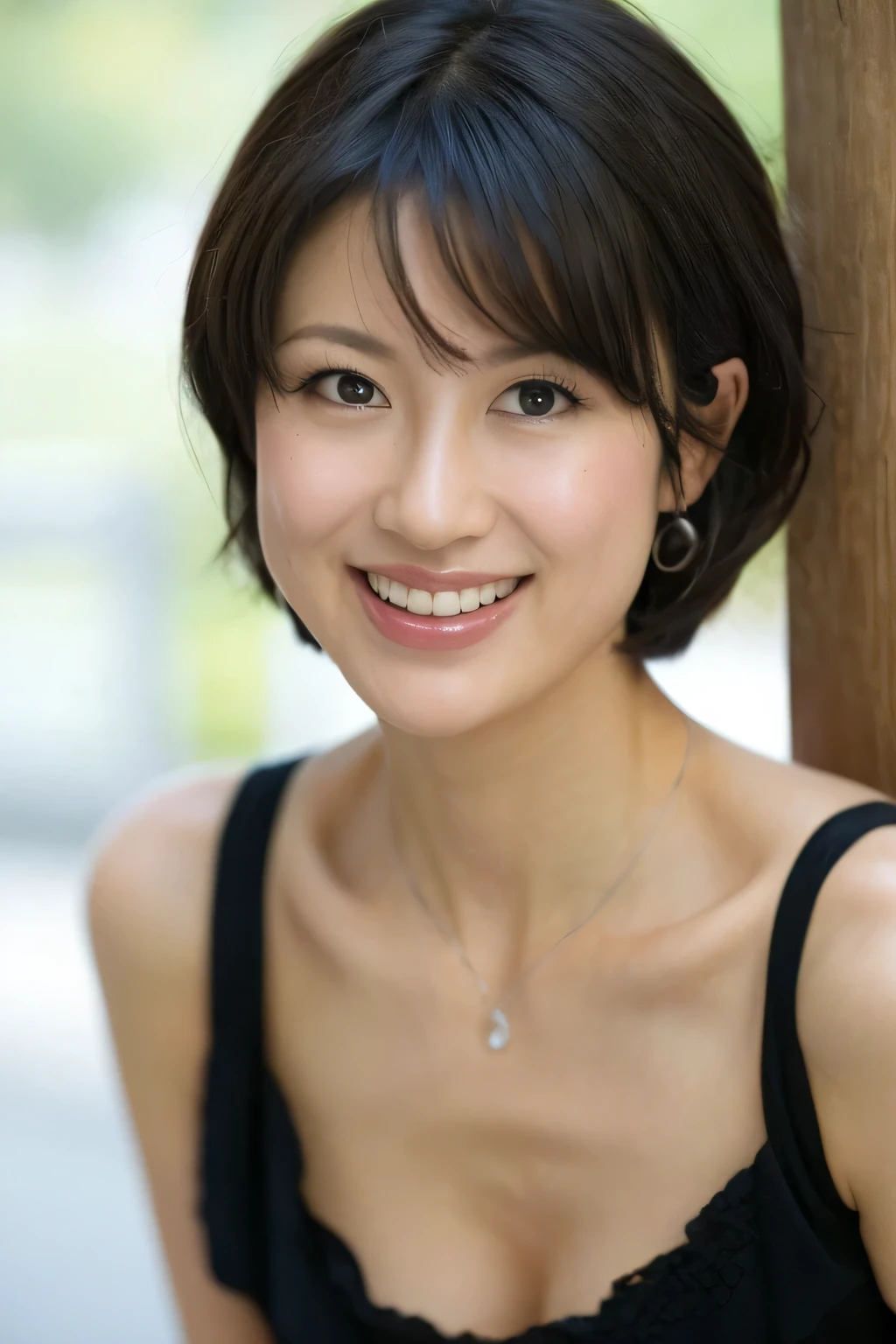 NSFW:1.3:((highest quality、8K resolution、master masterpiece、portrait:1.3)), Photoreal, 35mm film, mature woman:1.5,on the street during the day, wrinkles around the eyes,wrinkles around the mouth、short hair、((fancy black lingerie:1.3)) , (outdoors_city street: 1.3), jumbled background,look at the audience,(Tokyo cityscape:1.3),big breasts:1.3,laughter, whole body