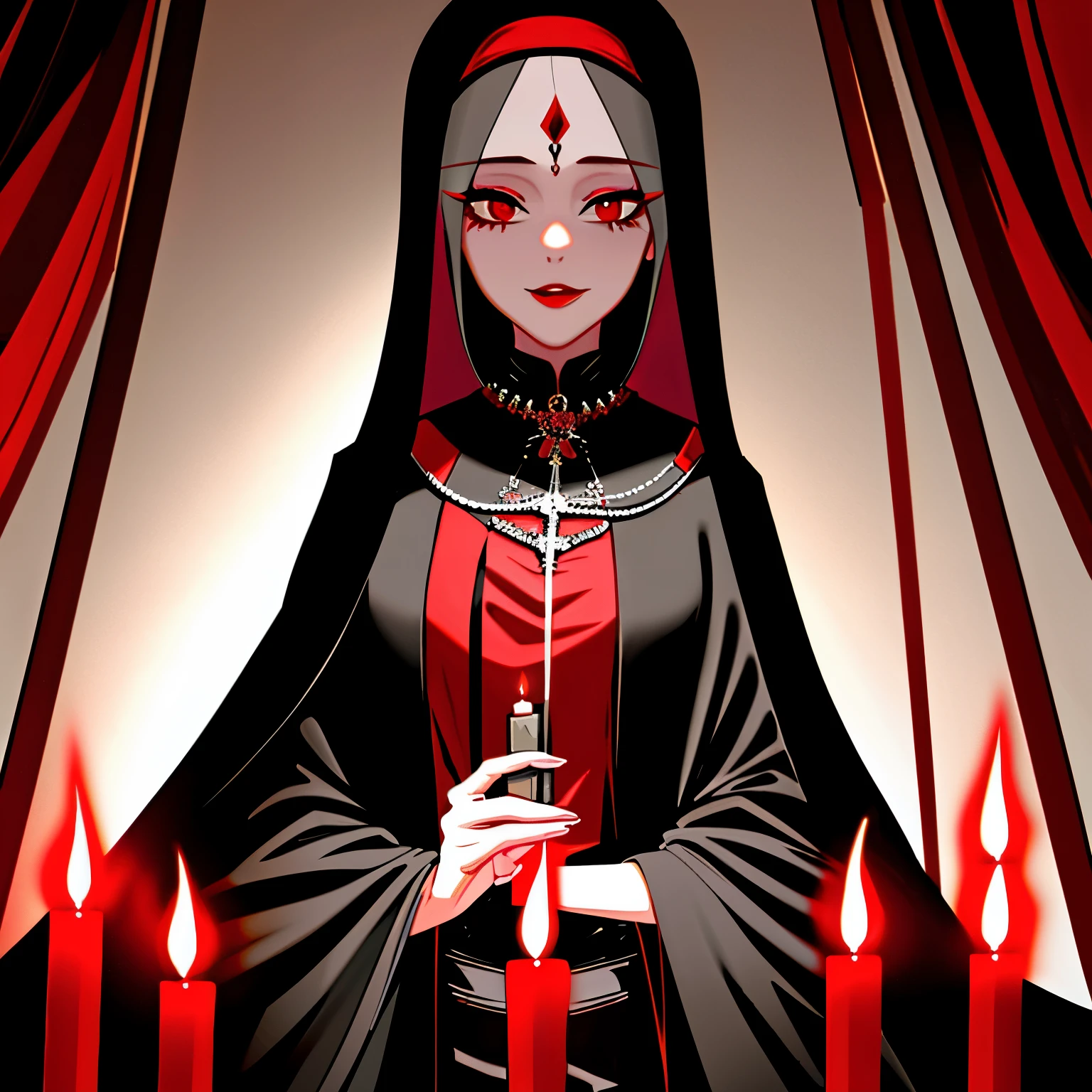 (sexy gothic demonic nun), dark, mysterious, enchanting, hauntingly beautiful, (detailed facial features, piercing eyes, dark red lips), black flowing robes, cross necklace, sensual, alluring pose, (candlelit backdrop, ominous atmosphere), (best quality, highres, ultra-detailed), (gothic art, oil painting, dark fantasy), (dramatic lighting, shadows, ethereal glow), (black and red color scheme, intense contrast), (beautifully composed, intricate details), (evokes a sense of desire and forbidden allure).
