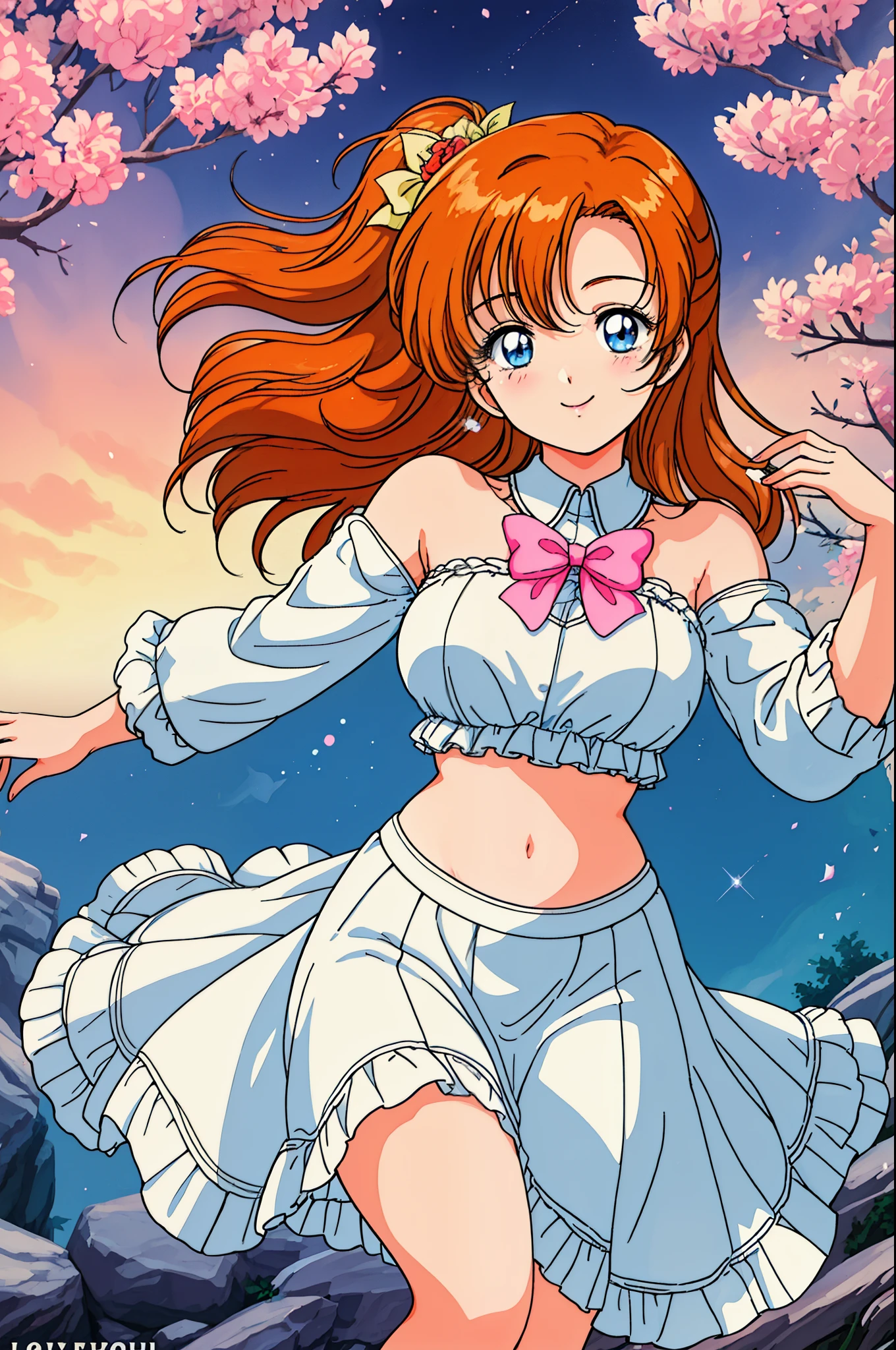 (best quality, realistic:1.2), kousaka honoka, long hair, stunning eyes, mesmerizing glowing eyes, long dress with sleeves, midriff, delicate blush, enchanting night scenery, blooming flowers under the moonlight, warm sunlight filtering through the branches and casting a gentle glow, smile,(curvy body), goddess, goddess wings,1980s \(style\)