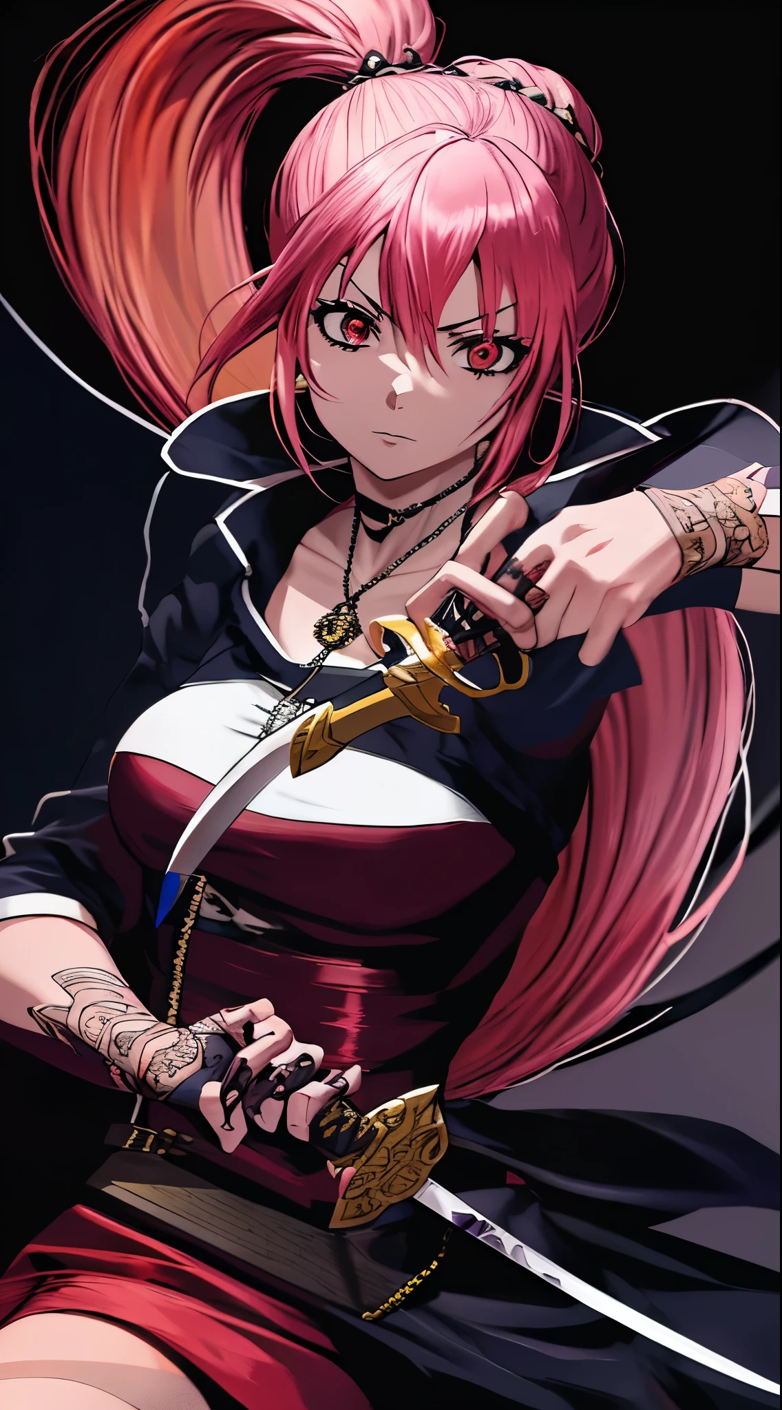 garota anime com cabelo rosa segurando uma espada e sentada em uma pedra, badass anime 8 k, melhor papel de parede de anime 4k konachan, she is holding a sword katana, Demon Slayer Rui fanart, cushart krenz arte chave feminino, com espada grande, desembainhando sua katana, Demon Slayer art style, she is holding a sword