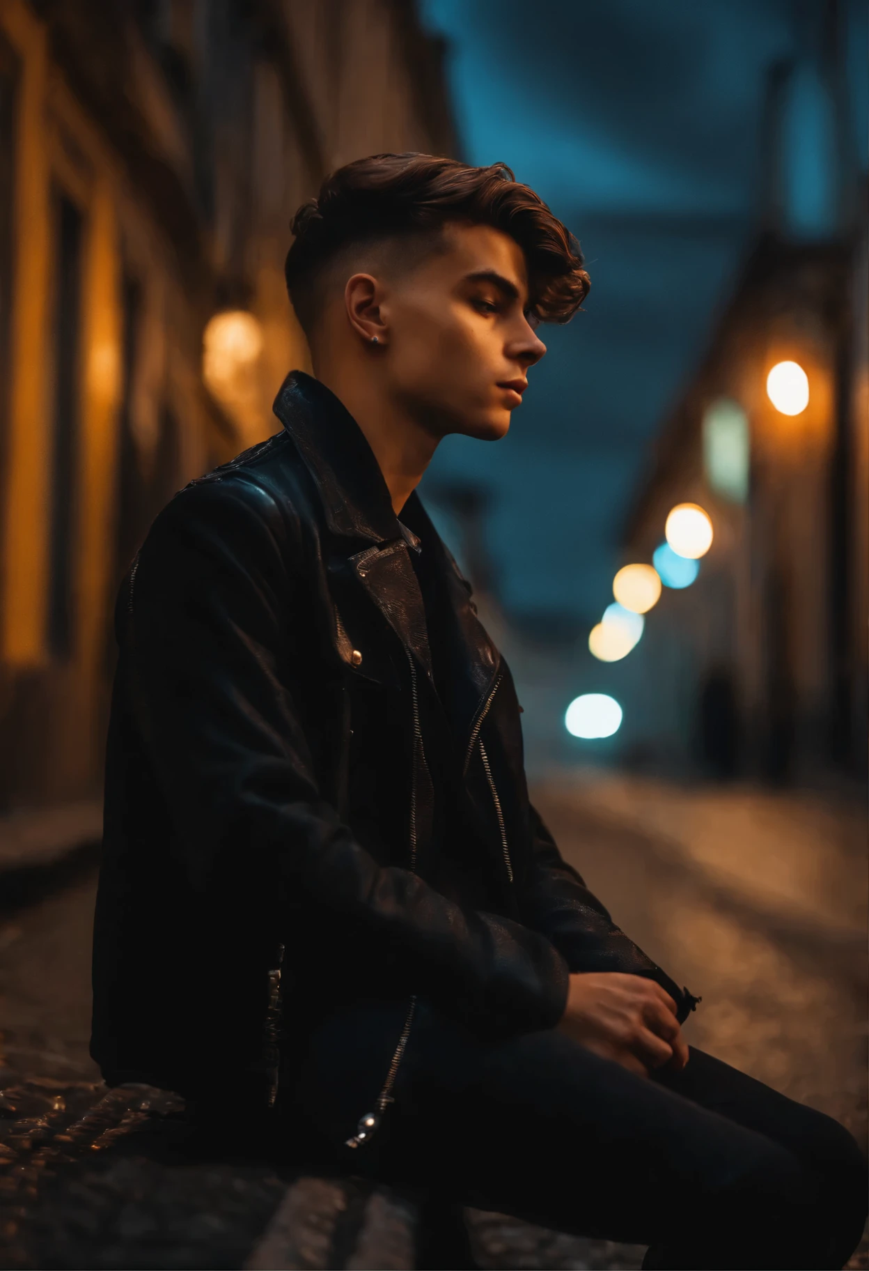 18 year old boy wearing a black jacket stylish haircut sat walking in road ,smoke