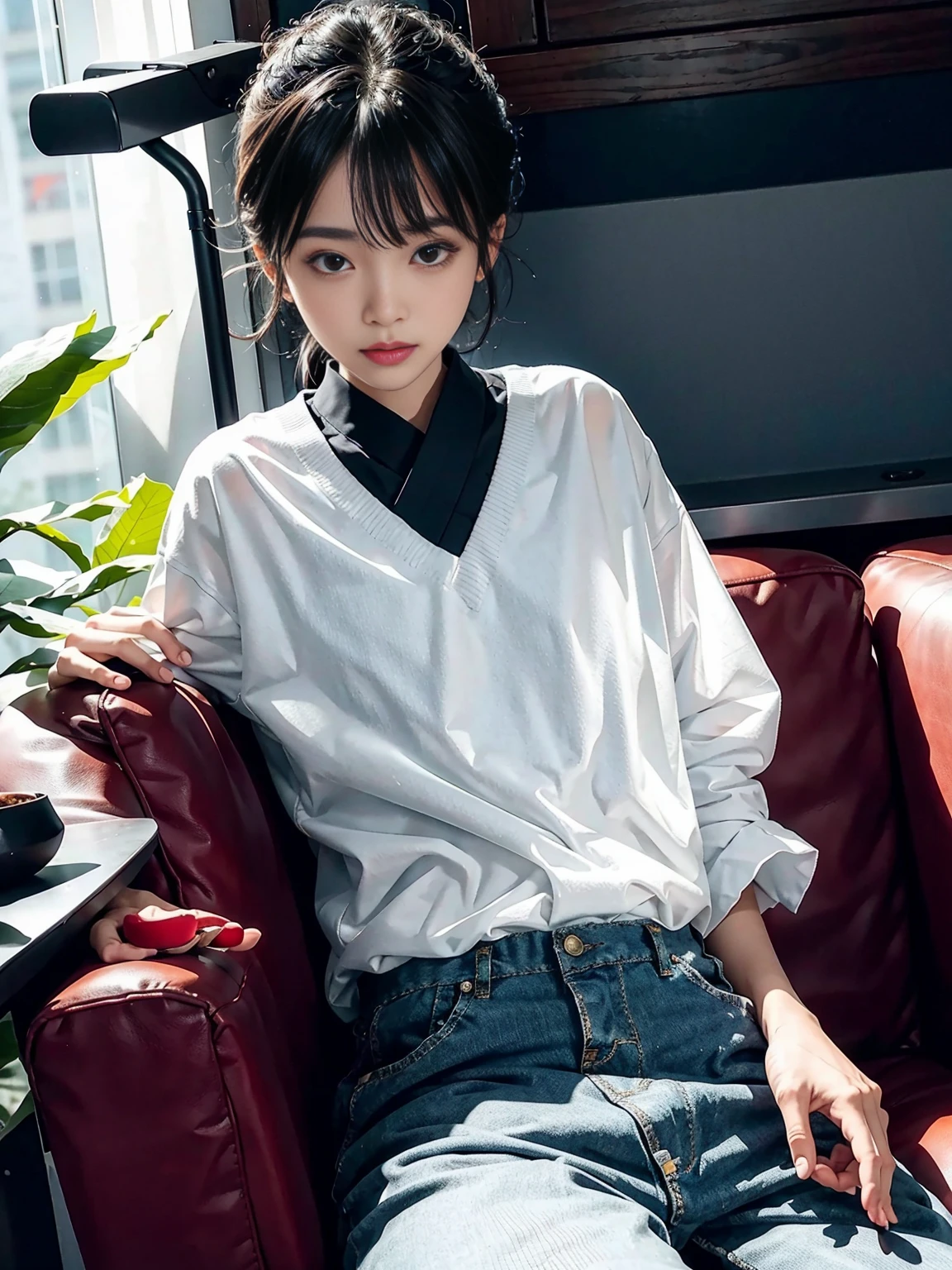 REALISTIC PHOTO OF A CUTE JAPANESE FEMALE WEARING A CLEAR RAIN GEAR AND SITTING ON A COUCH, SHE SITTING FRONT OF A GROUP OF BLACK MEN, ALL BLACK MEN STANDING BEHIND COUCH AND WEARING A WHITE SHIRT OUTFITS, ALL BLACK MEN STANDING AFTER COUCH, SIMPLE WHITE ROOM BACKGROUND, LONG SHOT, MASTERPIECE, CINEMATIC SHOT, INCREDIBLY DETAILED, SHARPEN DETAILS, NATURAL LIGHTING FOR ADVERTISEMENT