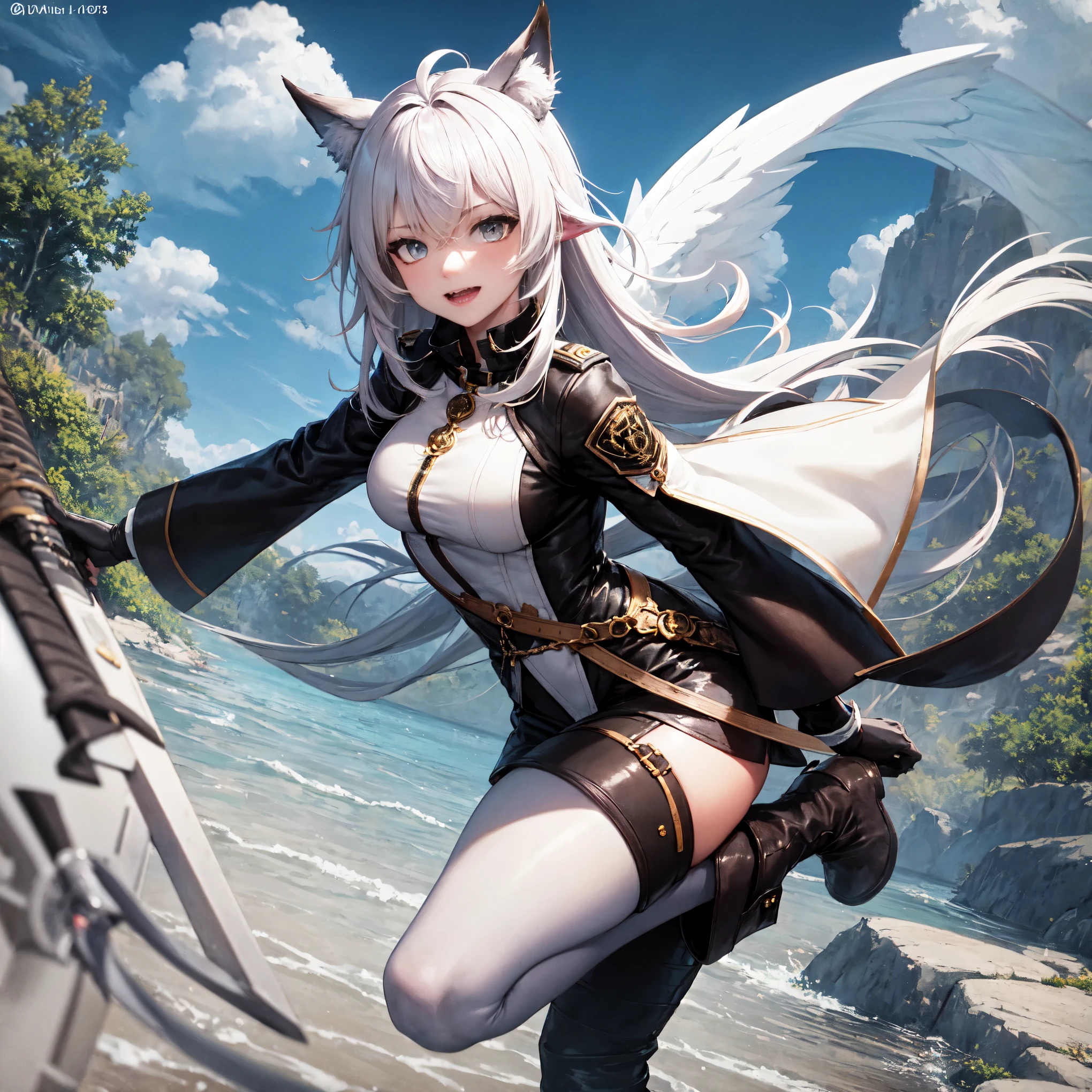 masterpiece, 8k resolution, high quality, high resolution, best quality, extremally detailed, best resolution, absurd resolution, ray tracing, high detailed, extremely detailed,detailed face, shoulder length white hair, female, 2 white fox ears, teenage girl, slime body, white scale dragon tail, military boots,black leggings, military combat pants, black T-shirt, white jacket open, medium size chest, detailed blue eyes,solo female,1 dragon tail, tomboyish, thick dragon tail, white scales, 2 dragon wings, white fluffy dragon wings, detailed face, holding a katana sword,very detailed, amazing details,solo female, 1 female, detailed two white furry dragon wings