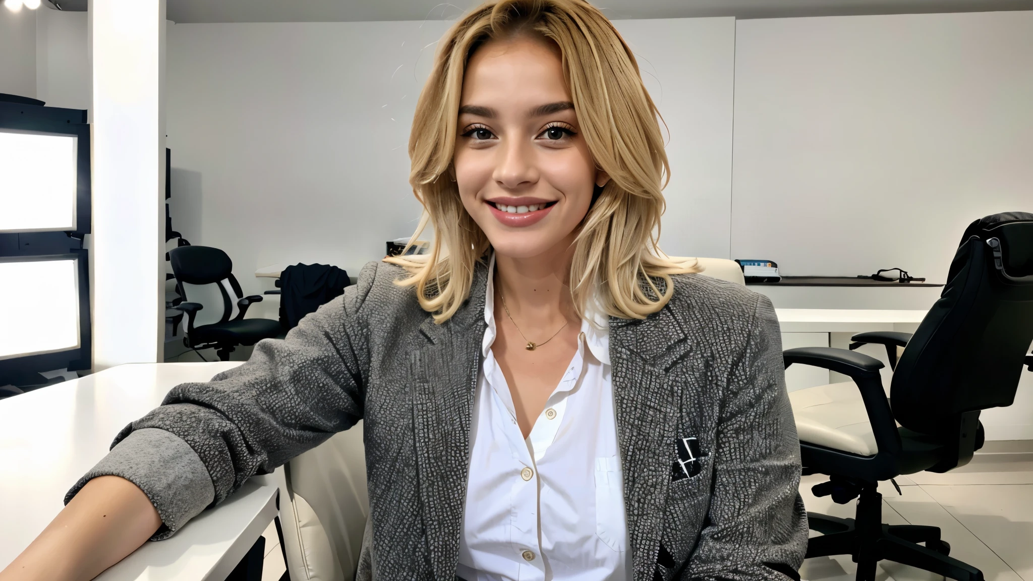 Blonde hair, women, setting on a studio chair, influencer, wearing jacket, cute, smiling, lipstick 