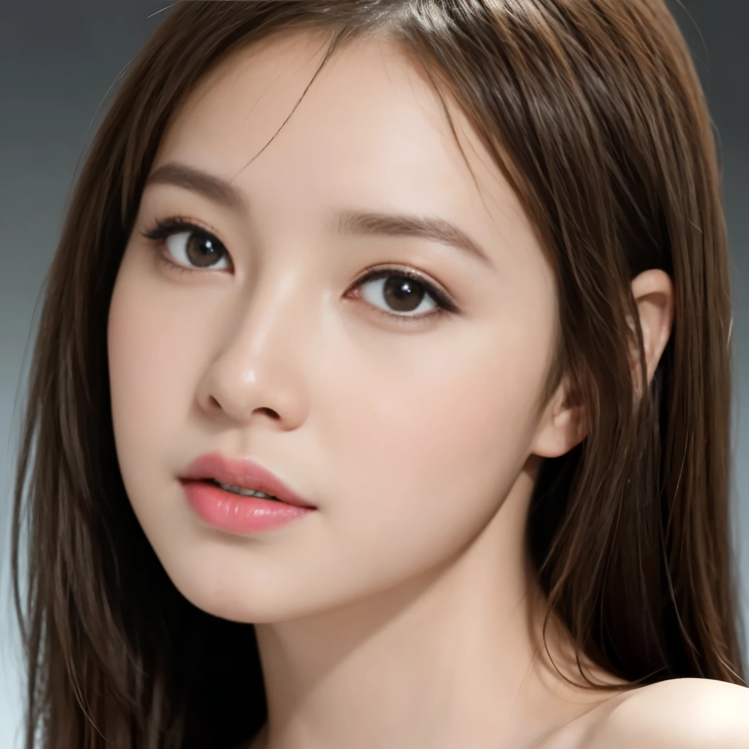 (best quality,4k,8k,highres,masterpiece:1.2), ultra-detailed, (realistic,photorealistic,photo-realistic:1.37), (female portrait), (face close-up), Japanese idol, beautiful detailed eyes, beautiful detailed lips, extremely detailed eyes and face, long eyelashes, brown hair, long hair, brown eyes, naked, nude, detailed lighting, HDR, UHD, studio lighting, ultra-fine painting, sharp focus, physically-based rendering, professional, ((Dark background)), modern, contemporary, color grading, soft lighting,
