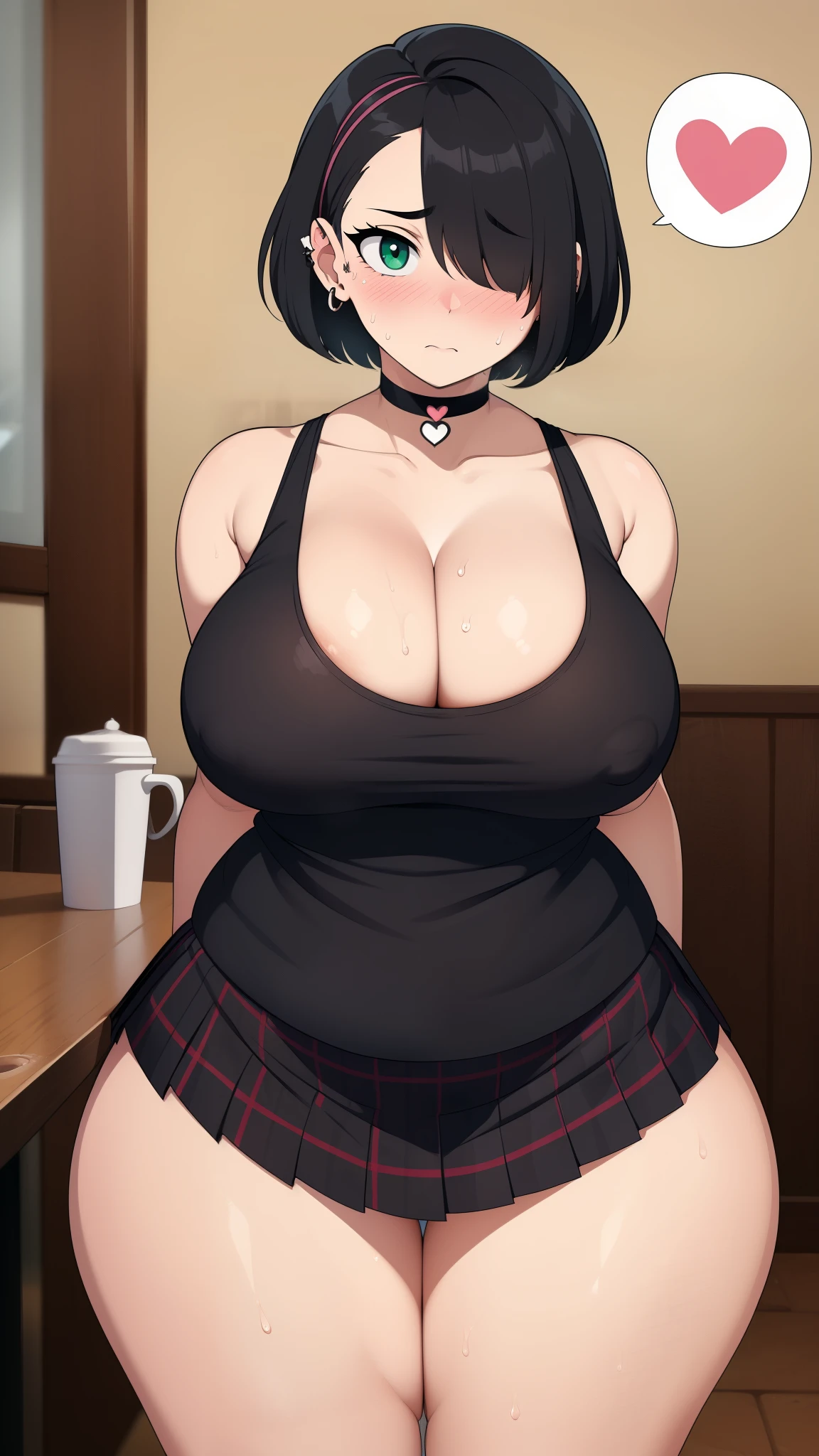 ((Masterpiece)), perfect anatomy, perfect shading, field of depth, (best quality), extremely delicate and beautiful, perfect lighting, detailed face, ultra cute face, cute, (cowboy shot 1.2), (((1girl))), ((solo)), looking at viewer,
short hair, fluffy hair, black hair, green eyes, hair covers one eye, (((Blush))), shy, nervous, sweating, in love, (black tank top 1.5), (plaid pleated skirt 1.2), choker, arm warmers, piercings, extremely tight clothes, large breasts, cleavage, (wide hips), (thick thighs),
coffee shop, arms behind back intricate background, detailed background, (spoken heart),
