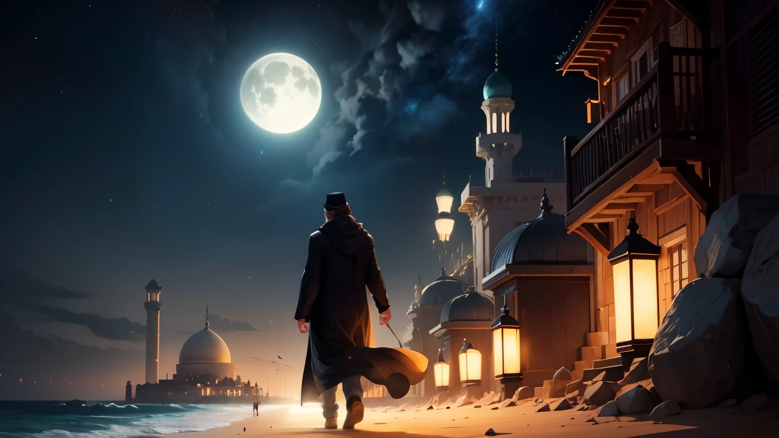 muslim man walking on the beach at night with a mosque in the background, 8k stunning artwork, concept art wallpaper 4k, inspired by Andreas Rocha, andreas rocha style, inspired by Cyril Rolando, a beautiful artwork illustration, 4k highly detailed digital art, concept art | rhads, beautiful art uhd 4 k, 8k hd wallpaper digital art, million of stars, moon