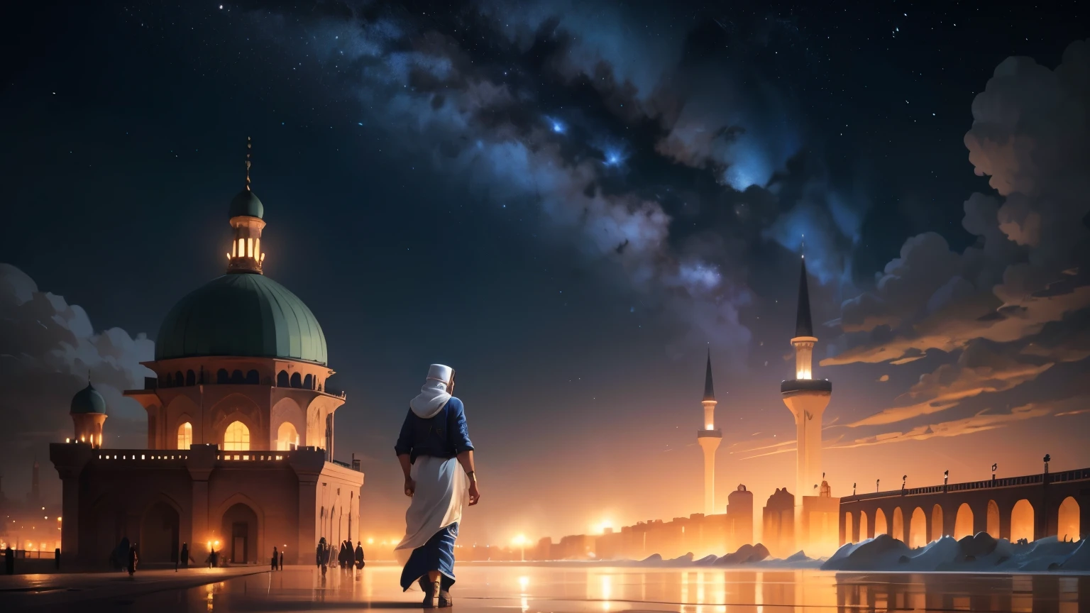 muslim man walking on the beach at night with a mosque in the background, 8k stunning artwork, concept art wallpaper 4k, inspired by Andreas Rocha, andreas rocha style, inspired by Cyril Rolando, a beautiful artwork illustration, 4k highly detailed digital art, concept art | rhads, beautiful art uhd 4 k, 8k hd wallpaper digital art, million of stars, moon 