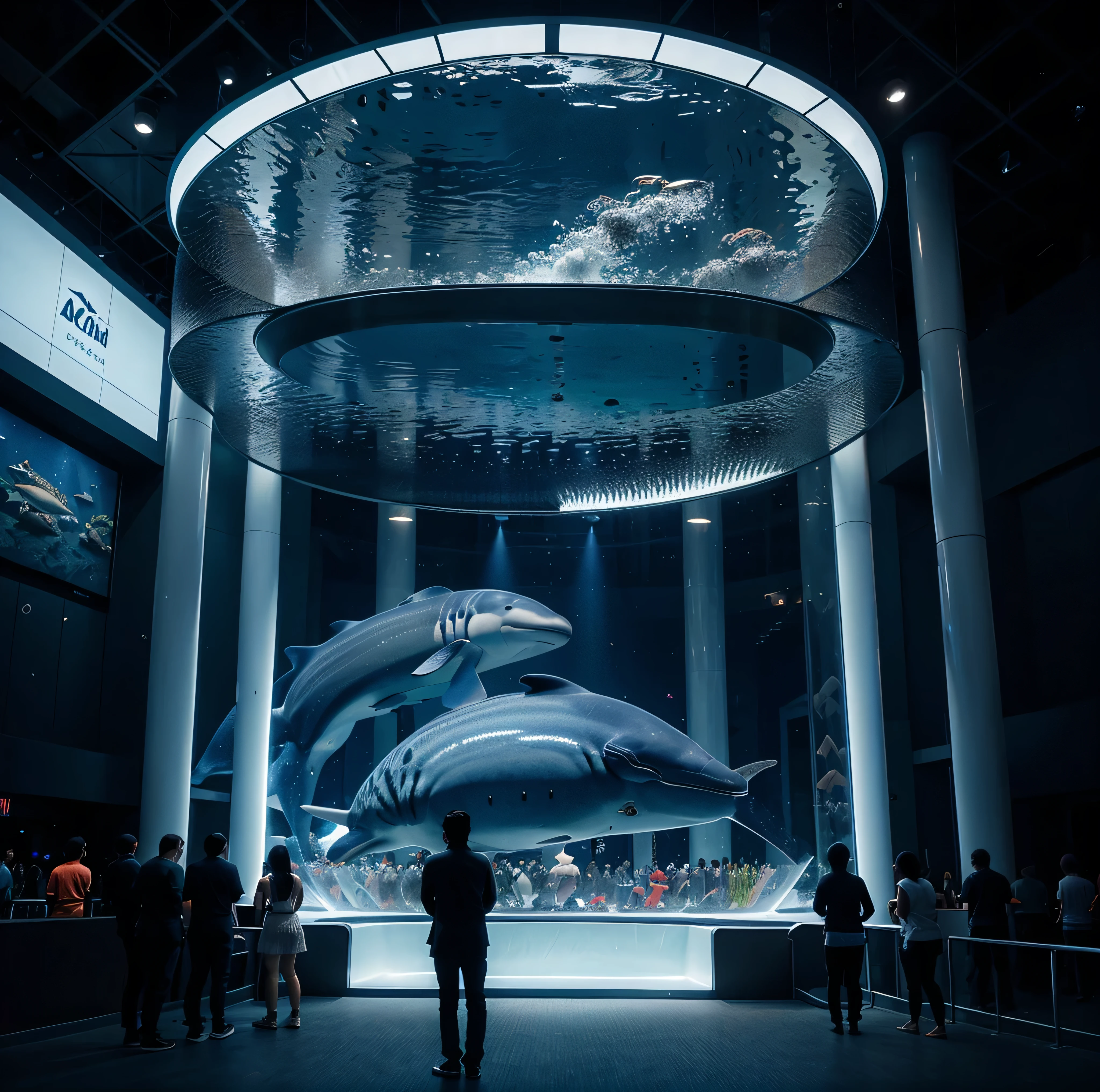 interior design of an large aquarium park and people are looking at a large aquarium with a whale and other fish in it, by , giant whale tank with fins, futuristic style design a lot of light blue light luminance, huge glass tank, aquarium, big aquarium, realistic killer whale, clown fish, shark, barracuda, whale, dolphins, jelly fish, fish, with a cosmos or galaxy at the ceiling design