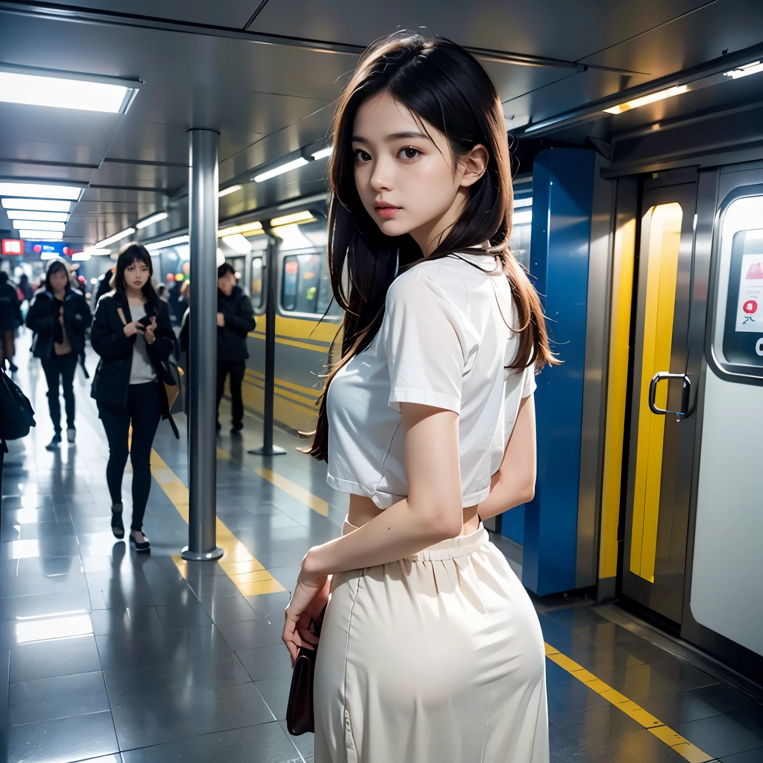 (realistic、Like a photograph、live action、8k, Photoreal, RAW photo, best image quality: 1.4), Single-lens reflex camera、RAW photo, highest quality, realistic, Highly detailed CG Unity 8k wallpaper, Depth of written boundary, cinematic light, Lens flare, ray tracing, realistic background、(tight long skirt:1.4、white shirt:1.1、best hip shot:1.4、attractive hip line)、((super dense skin))、 1 girl,cute japanese girl、((whole body:1.5),touch my chest from behind:1.37、My butt is touched、looking back at the viewer:1.1、embarrassed look、random hairstyle:1.2、i like the style、pay attention to details、long hair、perfect costume、(white skin)、beautiful feet:1.1,Standing in the subway