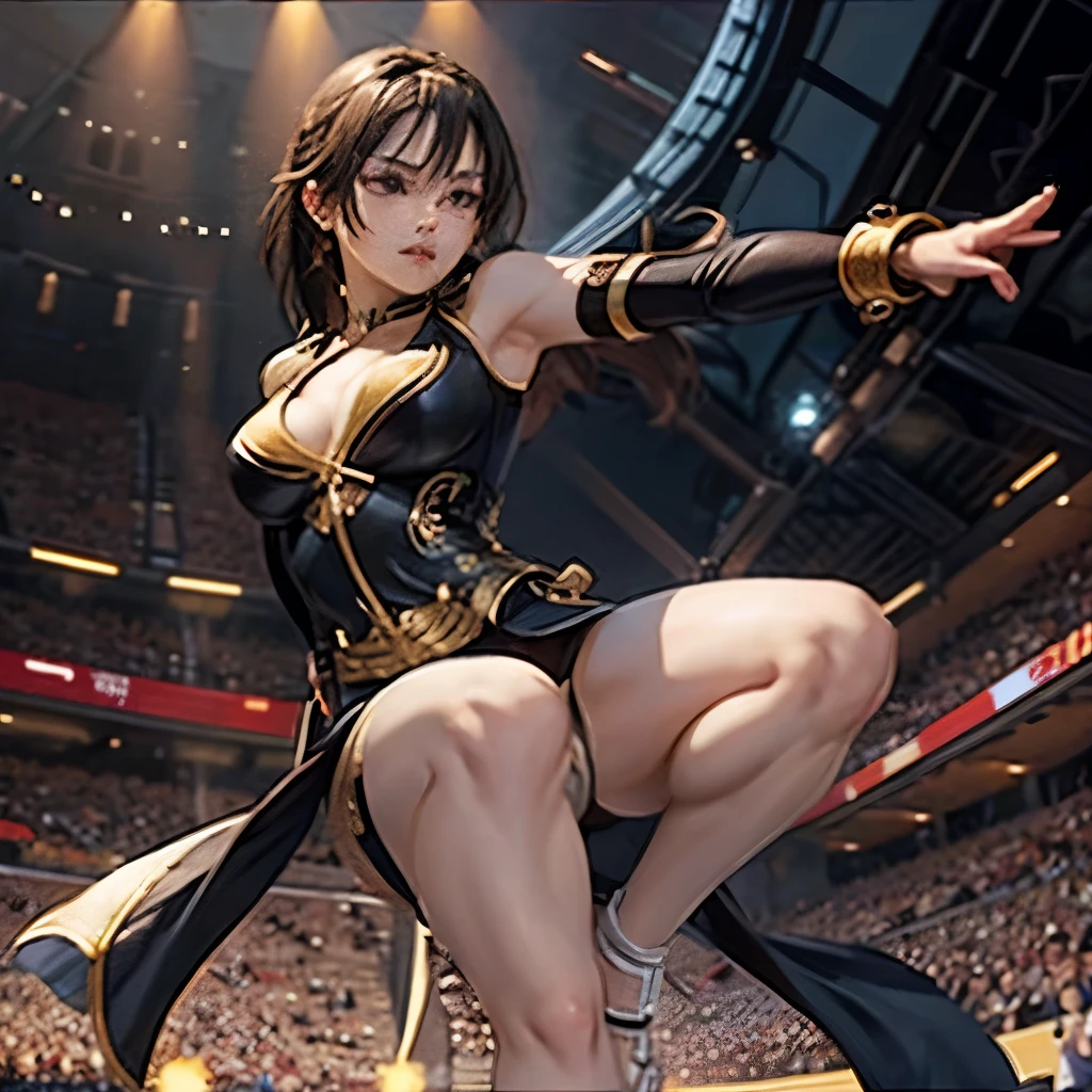 highest quality、black-haired woman with medium hair、sharp eyes、Chun-Li costume、small breasts、beautiful exposed thighs、fighting pose、Fighting Arena