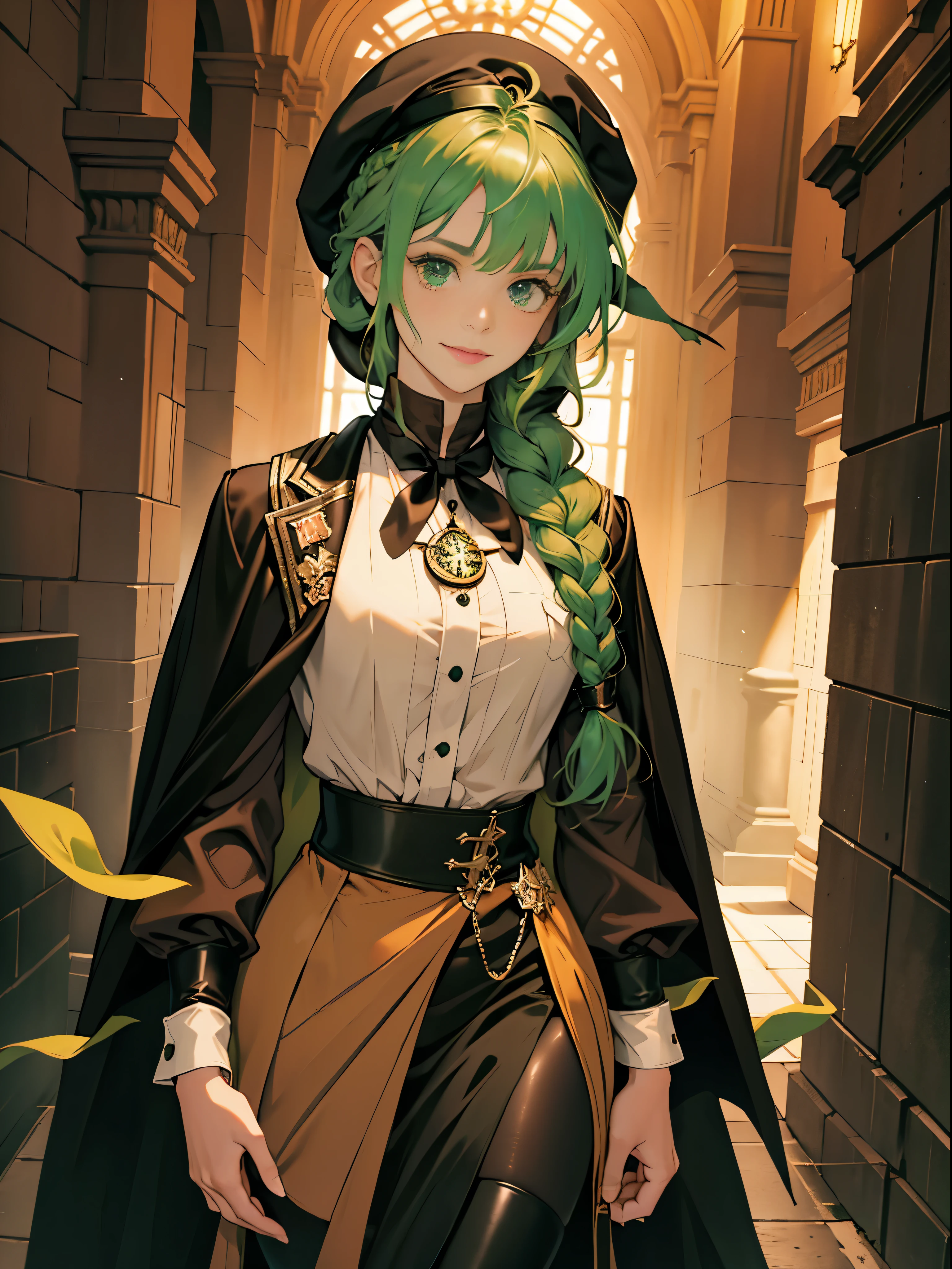 masterpiece, Super detailed, 8K portrait, RAW photo, portrait photography, highly detailed face, beautiful and detailed eyes, ((fantasy)), young and beautiful, smile, 22 years ago, dynamic pose, (((long straight deep green hair))), ((One side is woven with orange ribbon)), dull bangs, beret, white skin color, luxury, hooded (((Dark brown))) (((Silk Long Cloak))) fluttering in the wind, (((dress shirt))), (((silk maxi skirt))), leather corset, (((dark thigh high tights))), High Cut Leather Boots, (((Lift a long magic wand))), ((wear a pocket watch)), midday sun, surreal, body model, small breasts, beautiful breasts, long legs, city, environmental lighting, shadow details , focus the camera on the face, strong wind, light fog