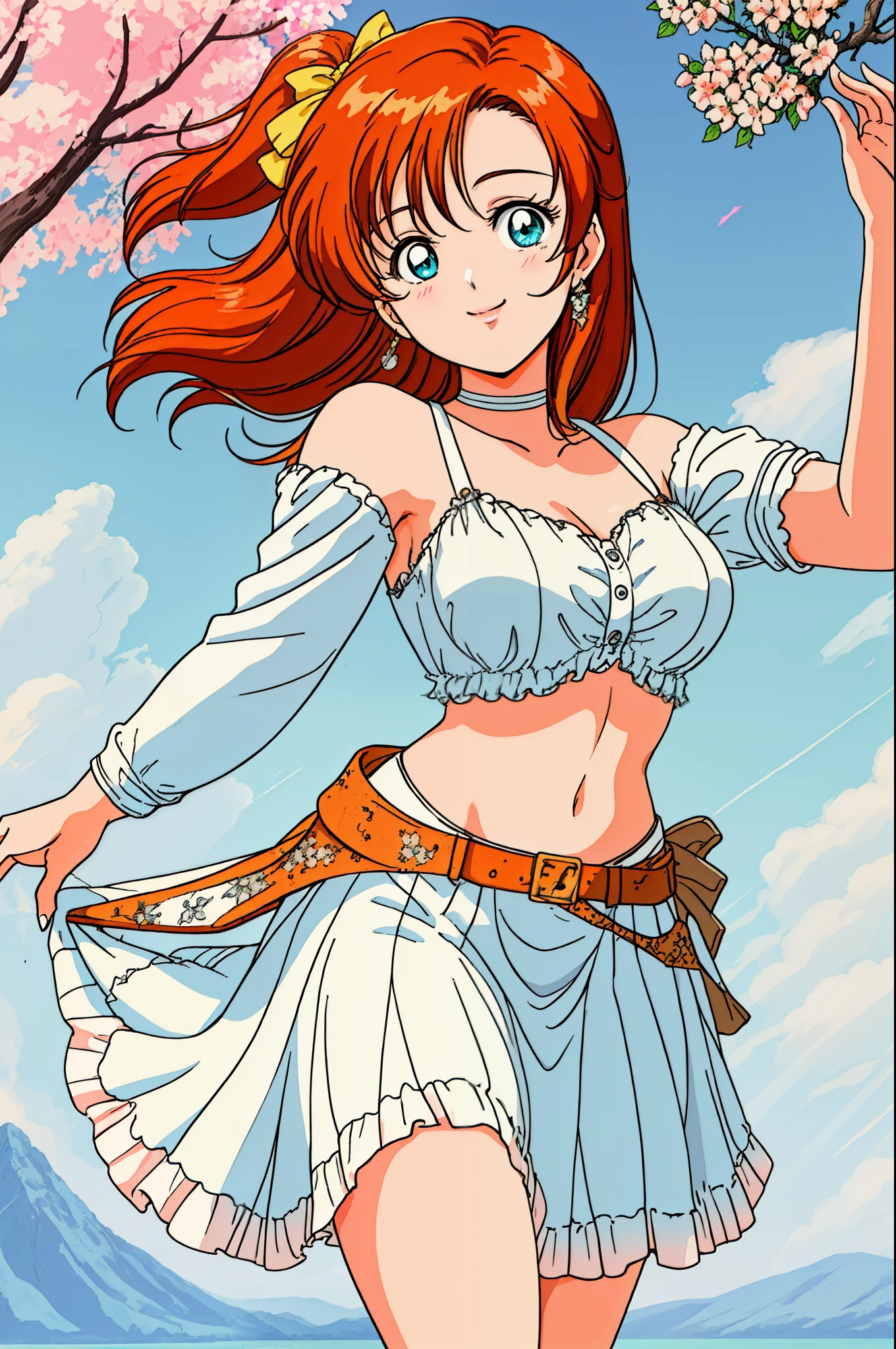 (best quality, realistic:1.2), kousaka honoka, long hair, stunning eyes, mesmerizing glowing eyes, long dress with sleeves, midriff, skin tight,delicate blush, enchanting night scenery, blooming flowers under the moonlight, warm sunlight filtering through the branches and casting a gentle glow, hands on hip, dancing, smile,(curvy body), goddess, goddess wings,1980s \(style\)