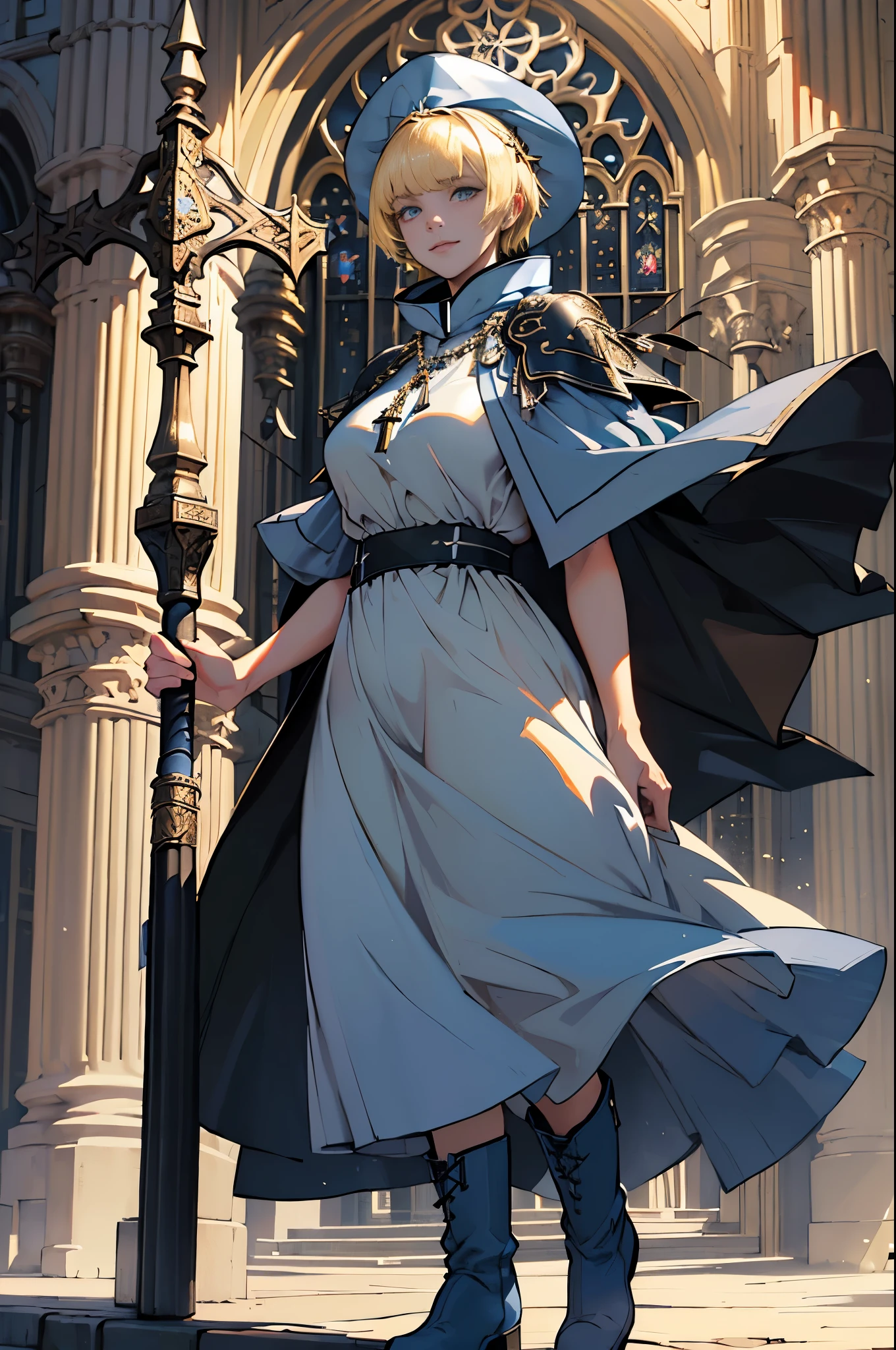 masterpiece, ultra detailed, 8k portrait, RAW photo, portrait photography, highly detailed face, beautiful and meticulous eyes, ((Fantasy)), Young beautiful, dynamic pose, kind face, smile, (((Blonde very short hair, bangs))), ((Priest)), wood necklace, clergy hat, (((long cloak))) fluttering in the wind, (((dark dull blue oversized Priest tunic))), (((long skirt)), (((low boots))), ((holding long wood staff)), big shoulder bag, Midday Sun, hyper realistic, Body model, Big breasts, Beautiful breasts, Long legs, in the crowd, Ambient lighting, Shadow details , Camera focus on face, strong breeze, Light fog