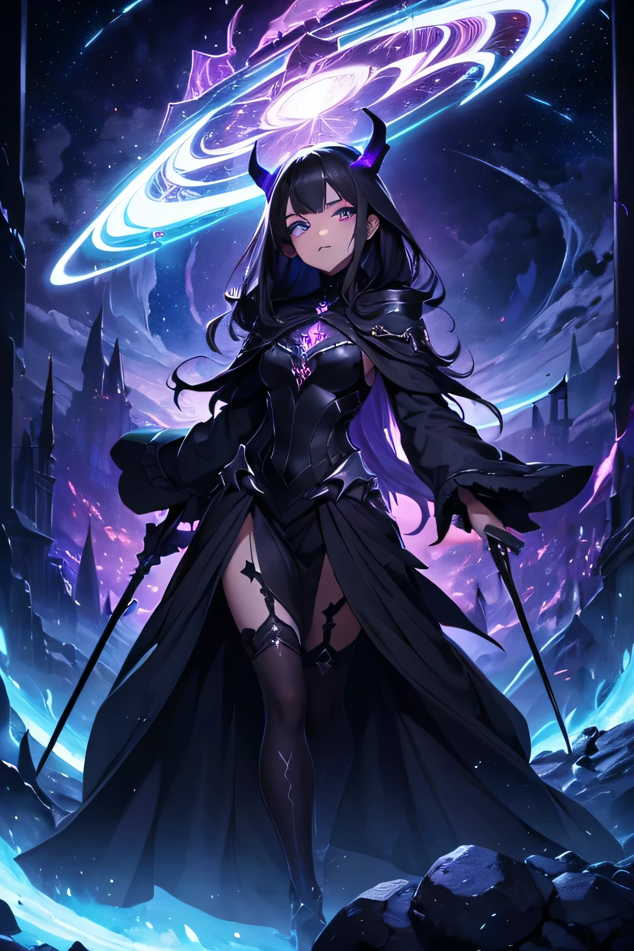 masterpiece, best quality, masterpiece, (1girl), (LLChar), evil witch, dark energy, void, opal eyes, (extremely evil), dark magic, negative energy, galactic void, stars, black hair, full body image, holding dark staff