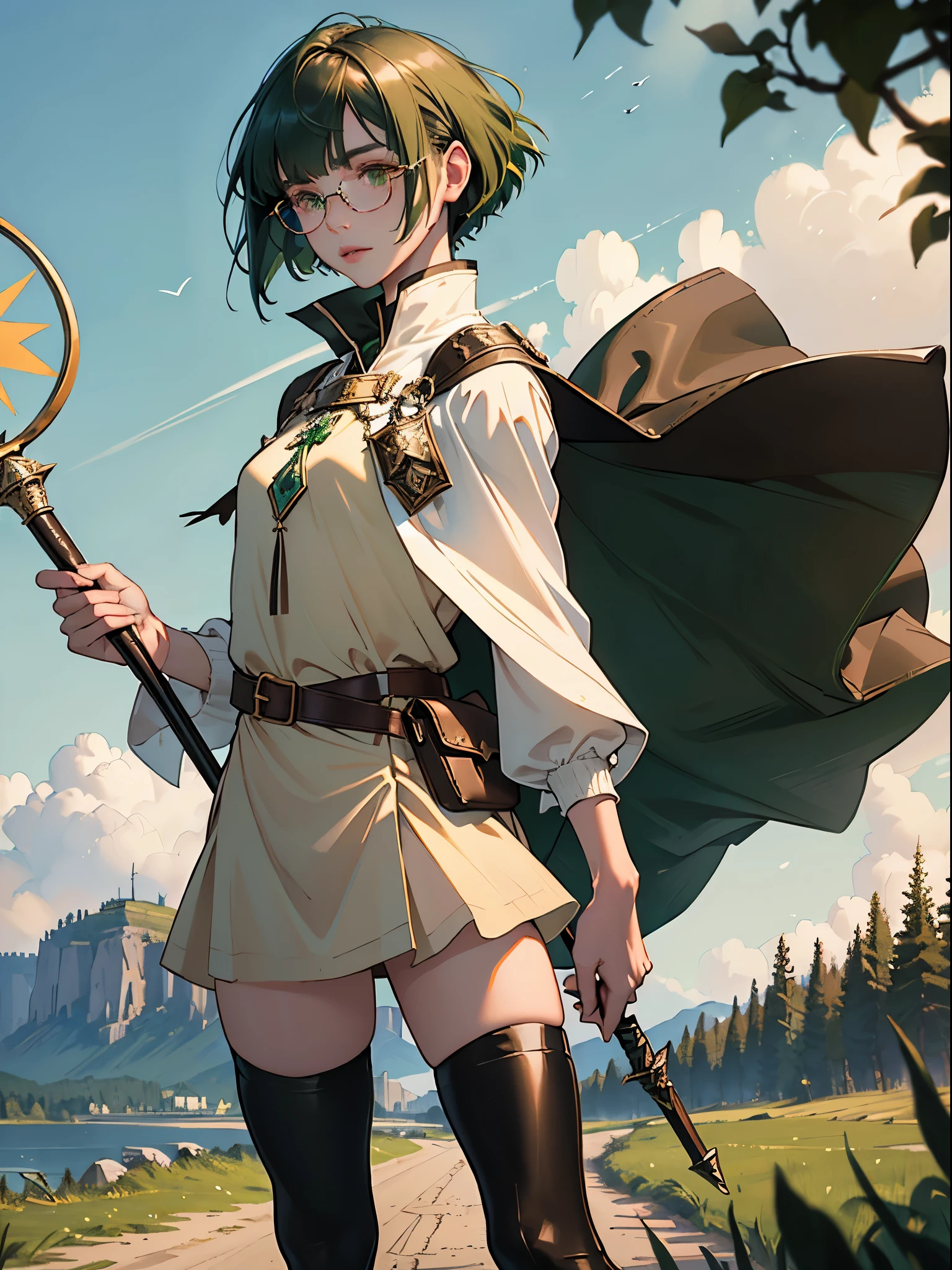 masterpiece, ultra detailed, 8k portrait, RAW photo, portrait photography, highly detailed face, beautiful and meticulous eyes, ((Fantasy)), Young beautiful, 15 years old, (((girl))), dynamic pose, (((deep green bob hair))), blunt bangs, White skin color, glasses, Luxury, (((tunic and short skirt))), (((brown cape))), (((little waist hip pouch))), (((dark thigh high tights))), high cut leather boots, ((holding long magical staff)), Midday Sun, hyper realistic, slender body, flat chest, Long legs, on the medieval road, Ambient lighting, Shadow details , Camera focus on face, strong breeze, Light fog