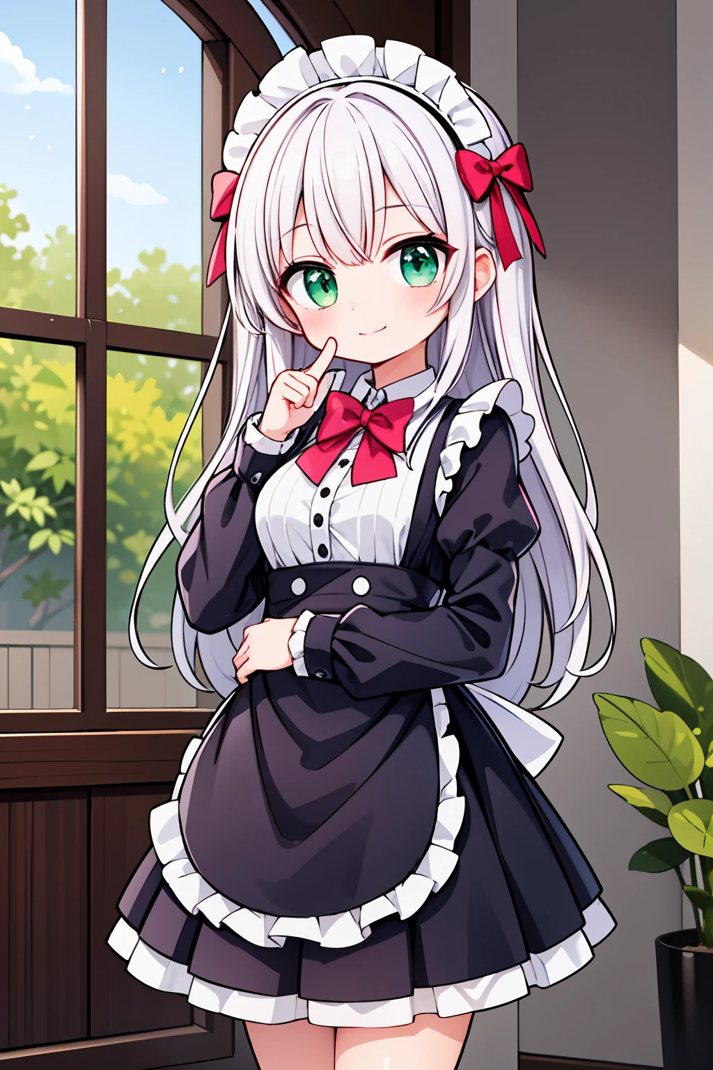 insanely detailed, absurdres, ultra-highres, ultra-detailed, best quality,
1girl, solo, nice hands, perfect hands,
BREAK
apron, blush, bow, bowtie, frilled apron, frills, long sleeves, maid, maid apron, maid headdress, waist apron, white apron
BREAK
smile, closed mouth
BREAK
finger to mouth, index finger raised, shushing, cowboy shot, looking at viewer,
BREAK
slender, kawaii, perfect symmetrical face, ultra cute girl, ultra cute face, ultra detailed eyes, ultra detailed hair, ultra cute, ultra beautiful,
BREAK
day, flower, ivy, leaf, indoors, open door, plant, potted plant, vines, window,
BREAK
white (pink:1.2) hair, green eyes, long hair, medium breasts, bangs, eyebrows visible through hair,