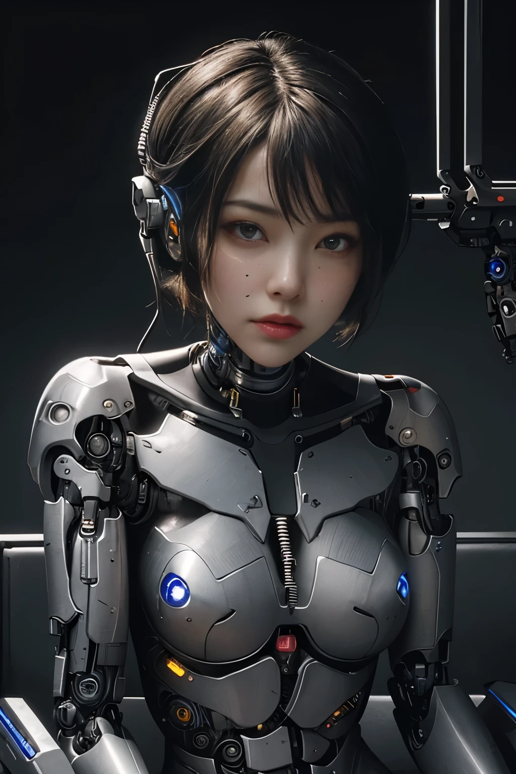 NSFW(((masutepiece))), (((Best Quality))), ((Ultra-detailed)), (extremely detailed photo), ((extremely delicate and beautiful)),(Cute delicate face),Cinematic Light,((one Cyborg Girl and expressionless:2)),(cool beauty),Solo,Full body,(Machine-made jointachanical limbs)),((Sitting)),deadpan,(Many wires and cables to attach to the head and body),(Character Focus),Science fiction,(beautiful face and eye, double eyelid,delicate skin,slender body shape)